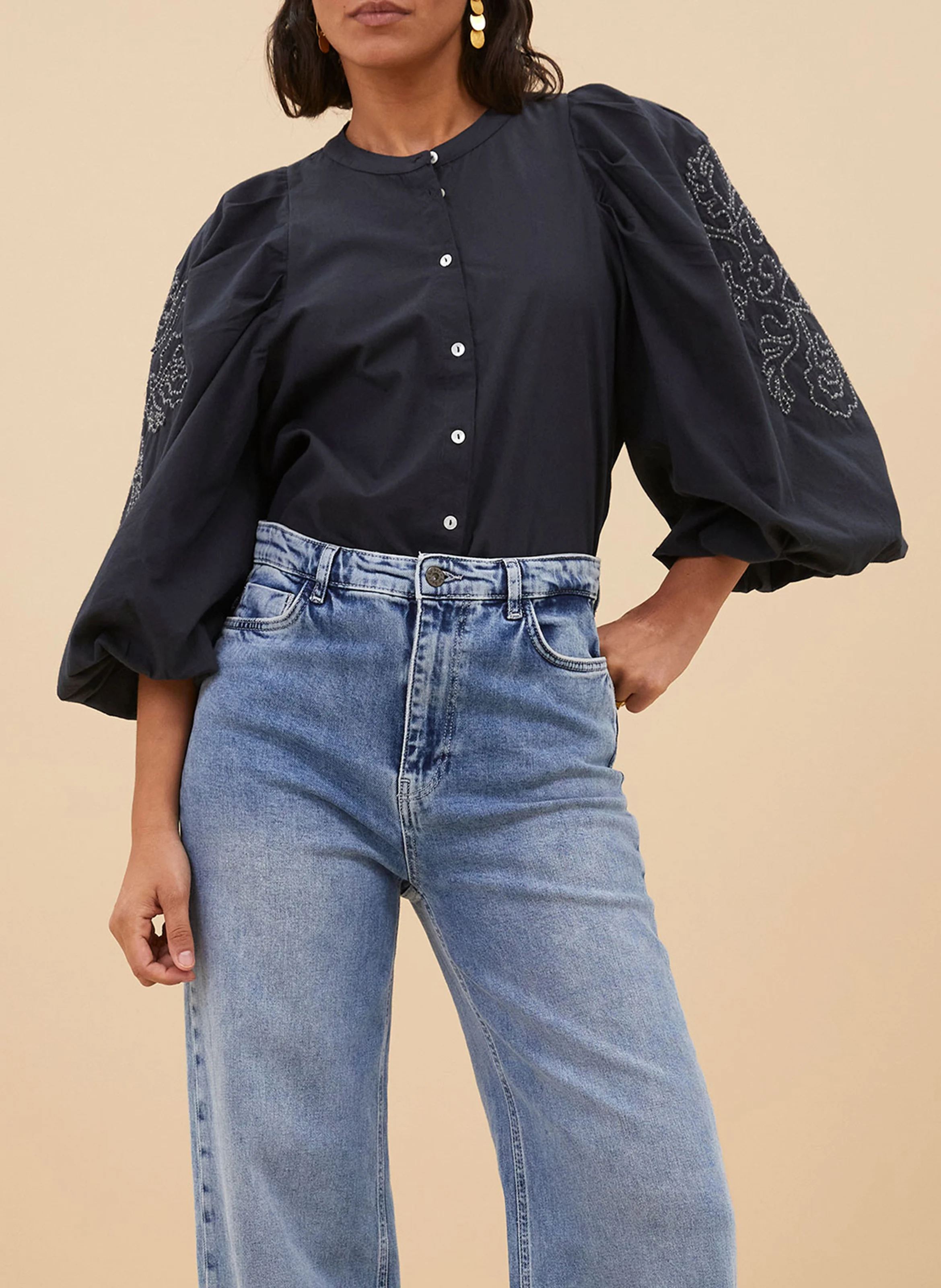 ZIGGY - Blouse col rond brodée en coton| Bleu