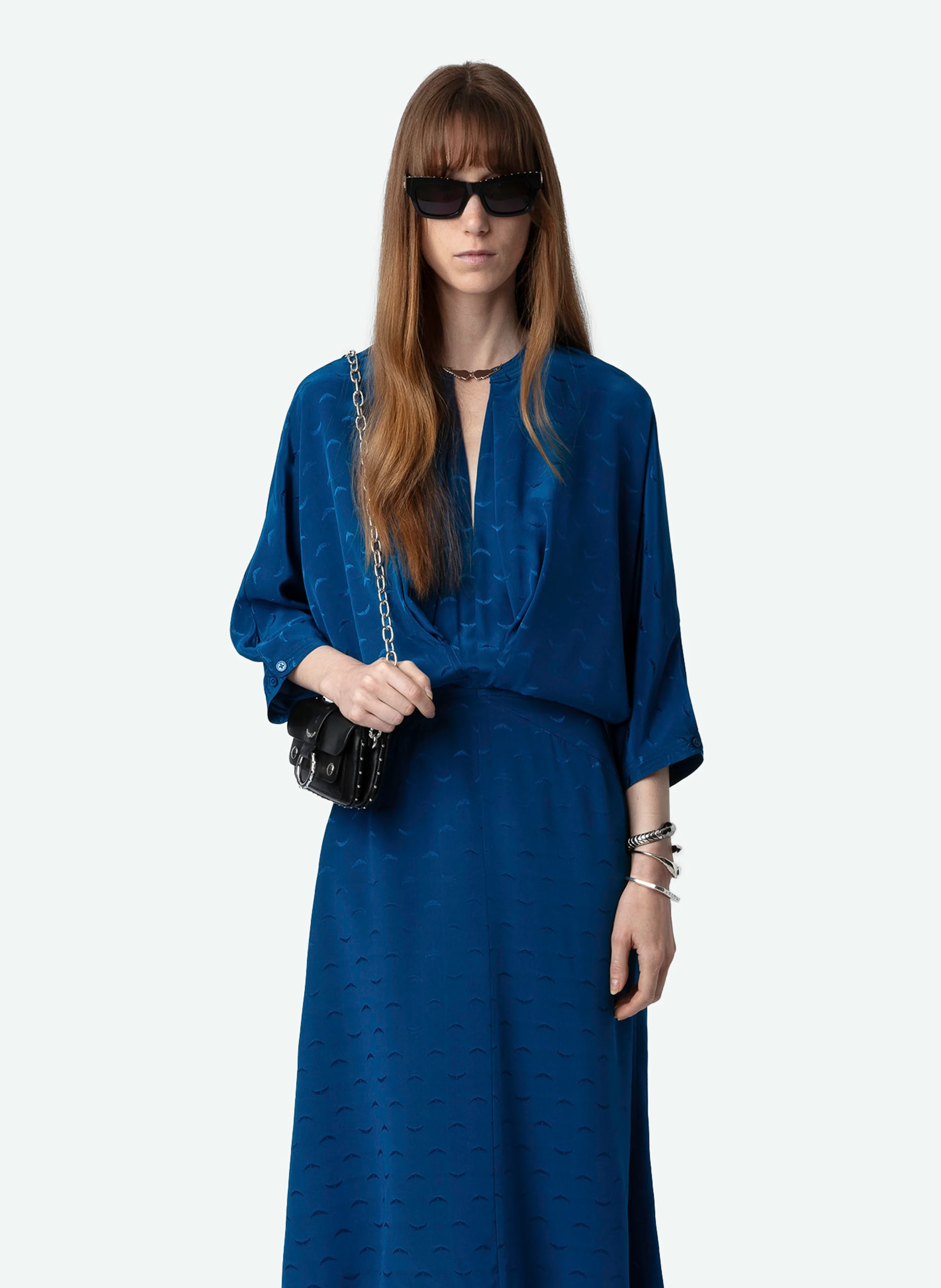 RITANY - Robe midi col rond en soie | Bleu