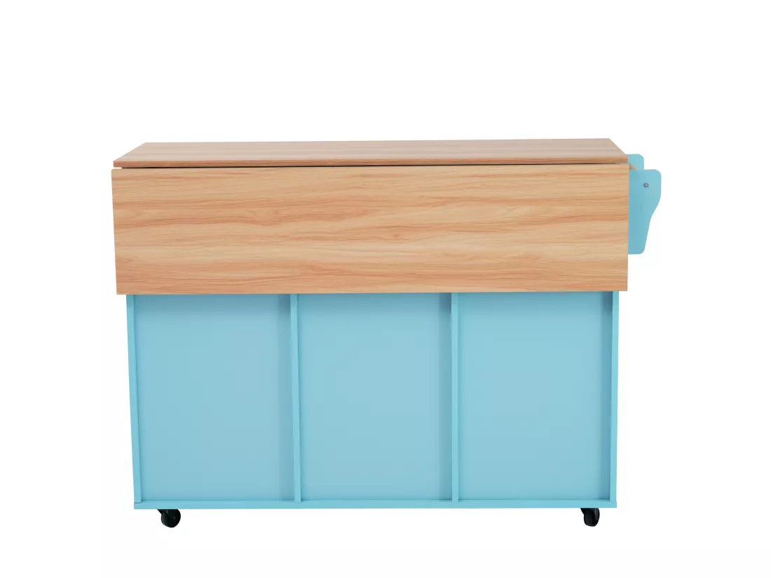 Ilot central de cuisine avec 2 tiroirs - Plateau extensible - pieds en roulettes ou en bois massif - Bleu Ciel