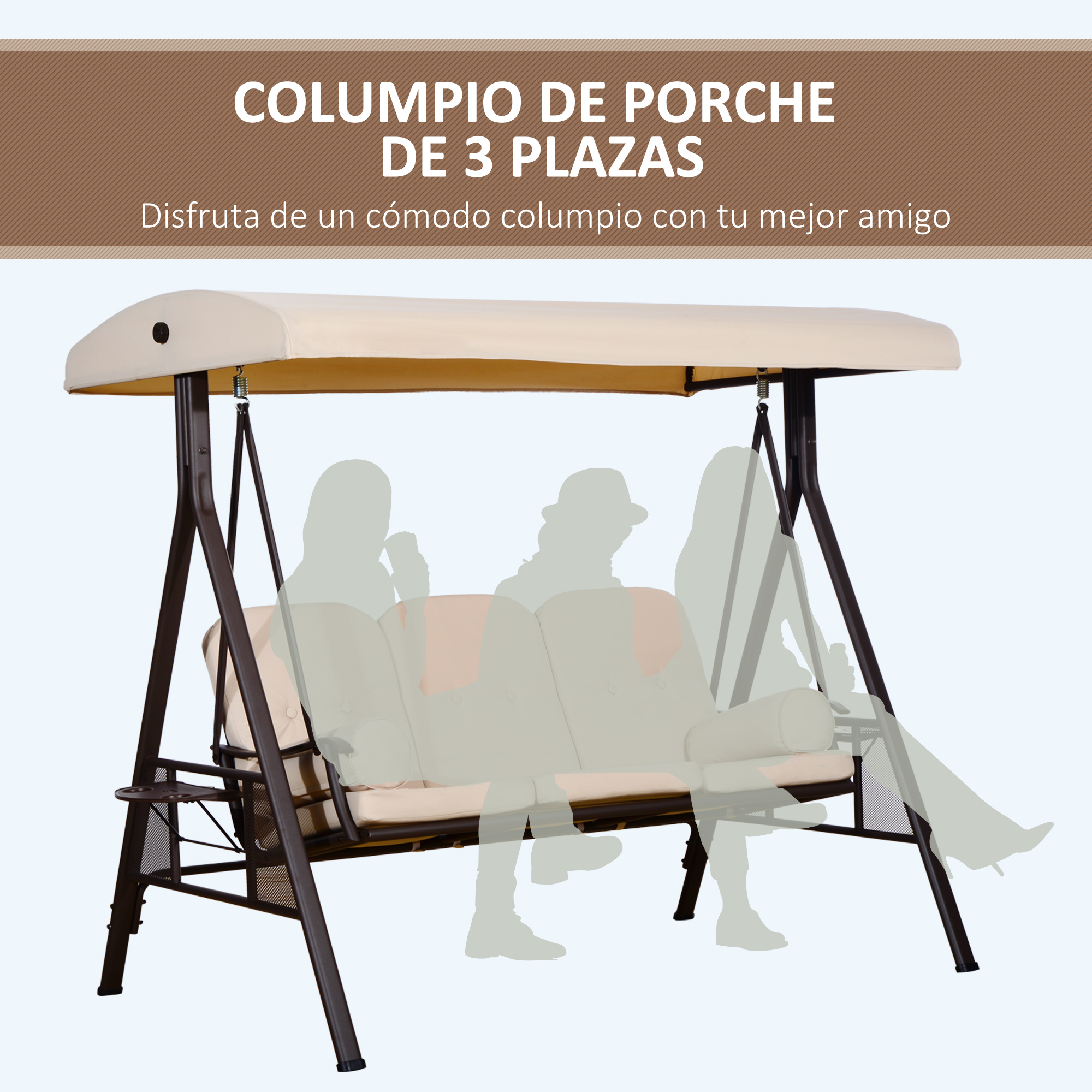 Cadeira de balanço de jardim Outsunny de 3 lugares com cobertura para proteção solar, 2 almofadas, bandeja para bebidas e estrutura de metal para pátio, varanda e uso externo, carga máxima de 360 kg, 207 x 120,5 x 174 cm, bege
