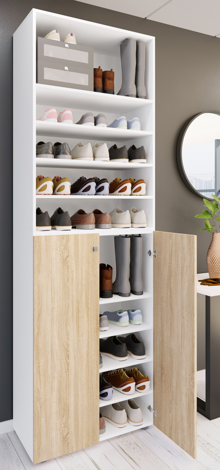 Schuhschrank LONA XL - weiß - Sonoma Eiche - 5 offene Fächer