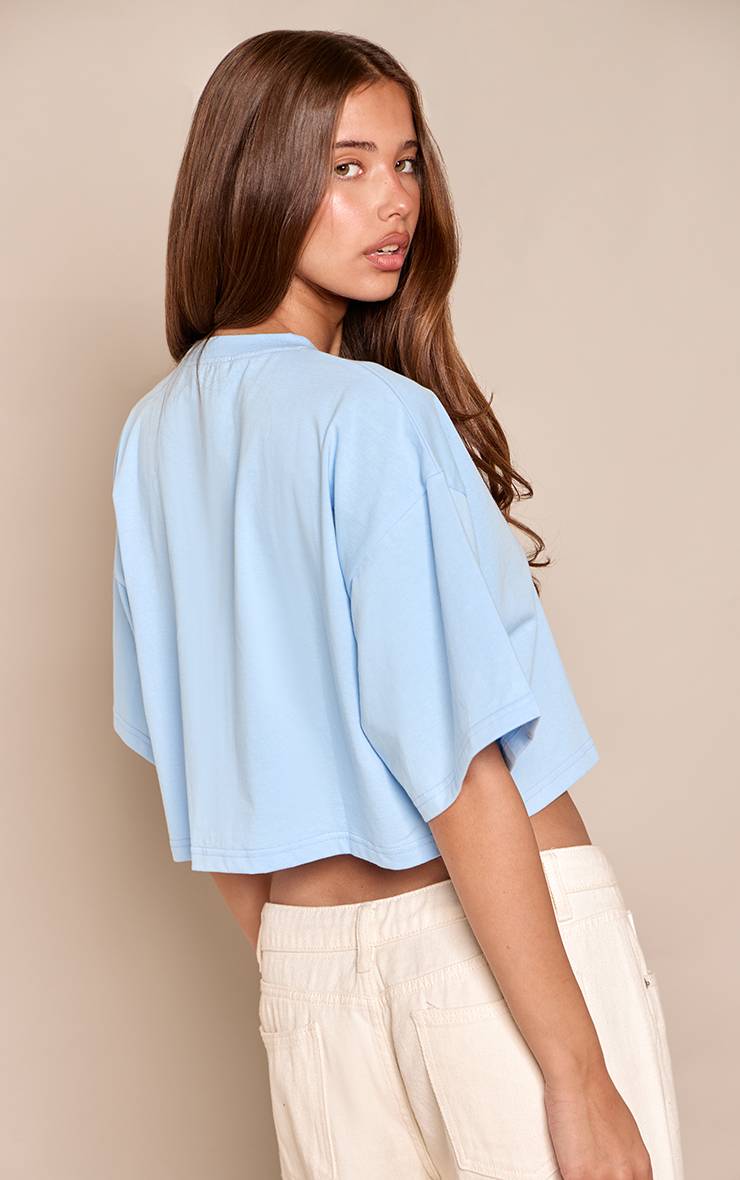 Bleu T-shirt Court En Coton À Imprimé Soleil
