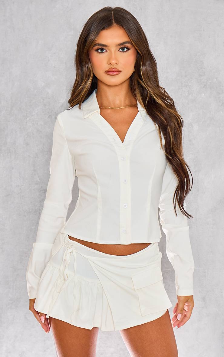 Blanc Ensemble Coordonné Chemise Cargo Tissée À Manches Longues