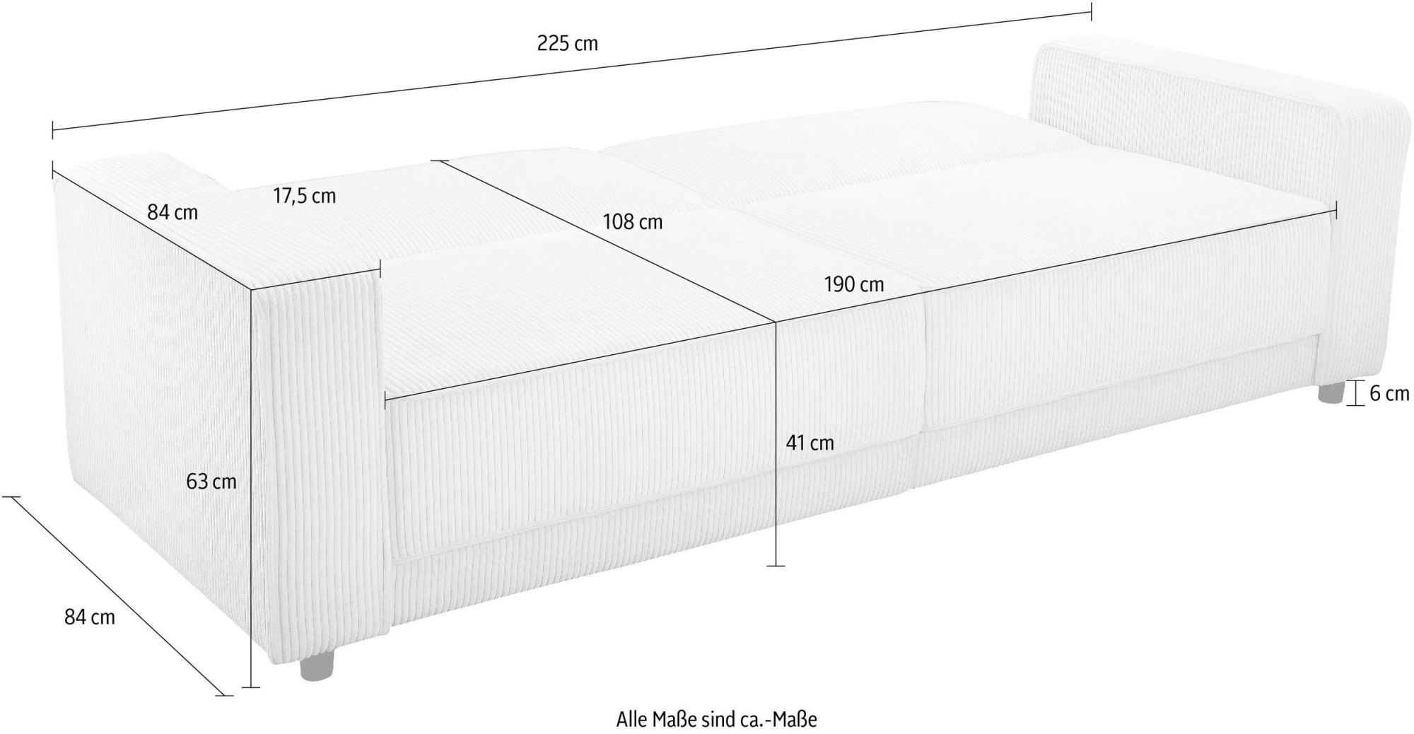 Dorel Home 3-Sitzer »Allie II Schlafsofa 225 cm« Bett-Funktion (108/190cm), Rückenlehne 2-teilig, mit Steppung