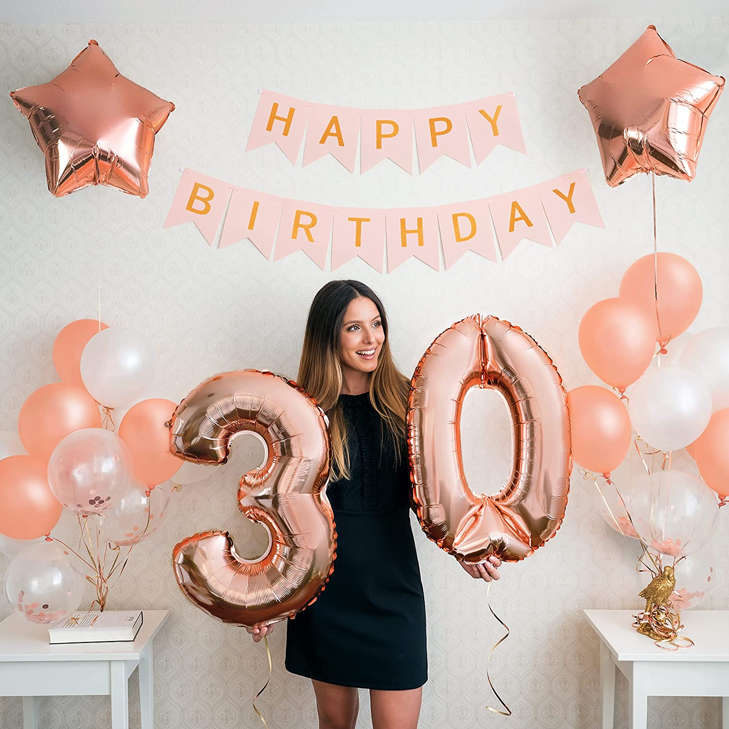 (73-tlg. Set) Happy Birthday Girlande 30. Geburtstag Party Deko   Latex- und Folienballons / Konfetti - Roségold
