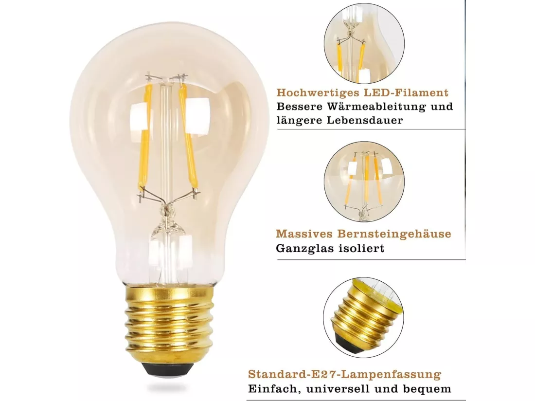 NETTLIFE Lot de 6 ampoules LED E27 blanc chaud A60 vintage 4W 2700K Edison à filament rétro lampe à économie d'énergie pour maison café bar