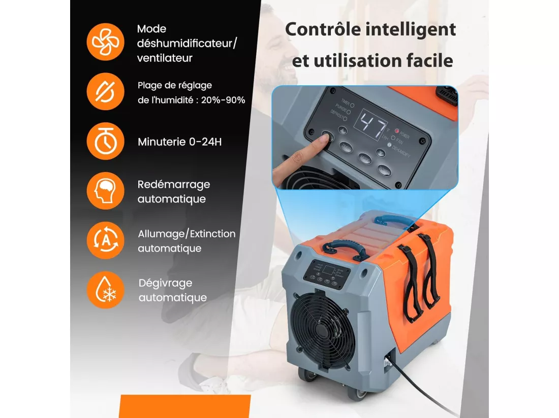Déshumidificateur Commercial 85L/Jour, avec Pompe et Tuyau de Vidange Dégivrage Automatique 2 Roues et Poignée Rétractable