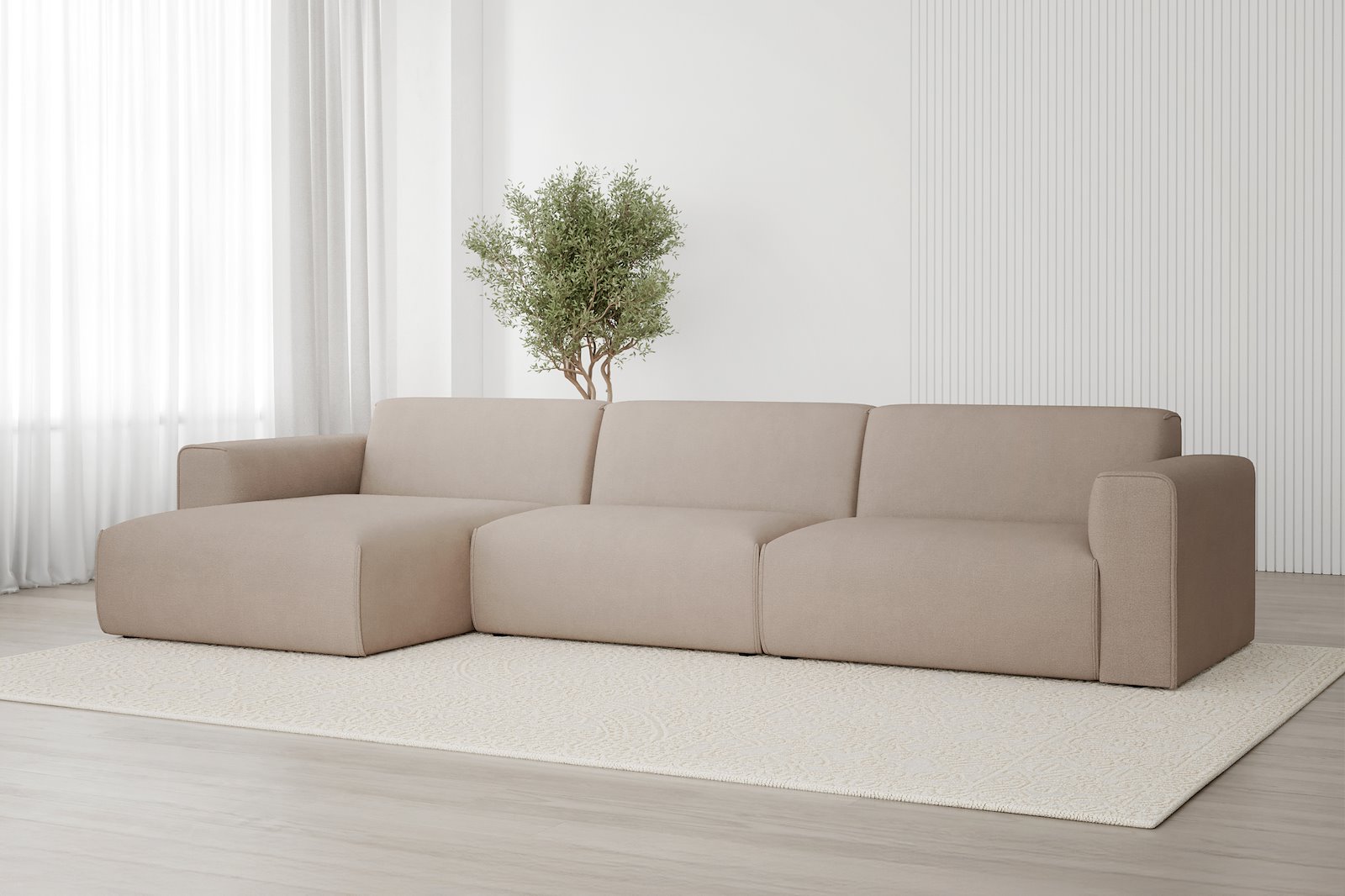 Monaco Lux 3-seter med XL sjeselong venstre Tekstil Brego 34 Light Brown med sorte ben. Lux komfort.