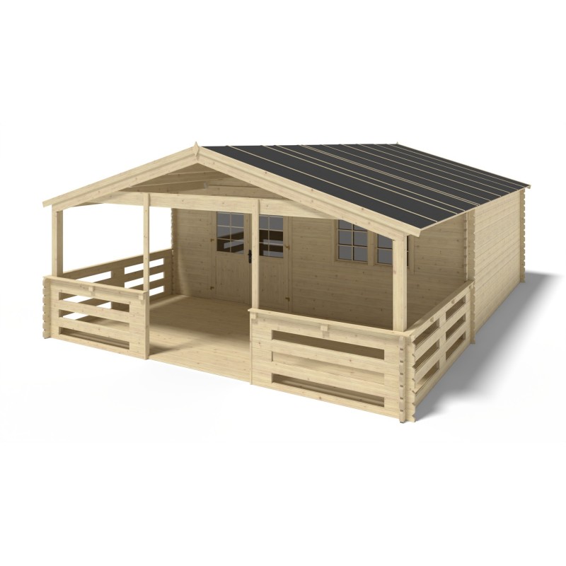 Abri de jardin en bois - 6x5 m - 48 m2 + terrasse avec balustrade et avant-toit en bois