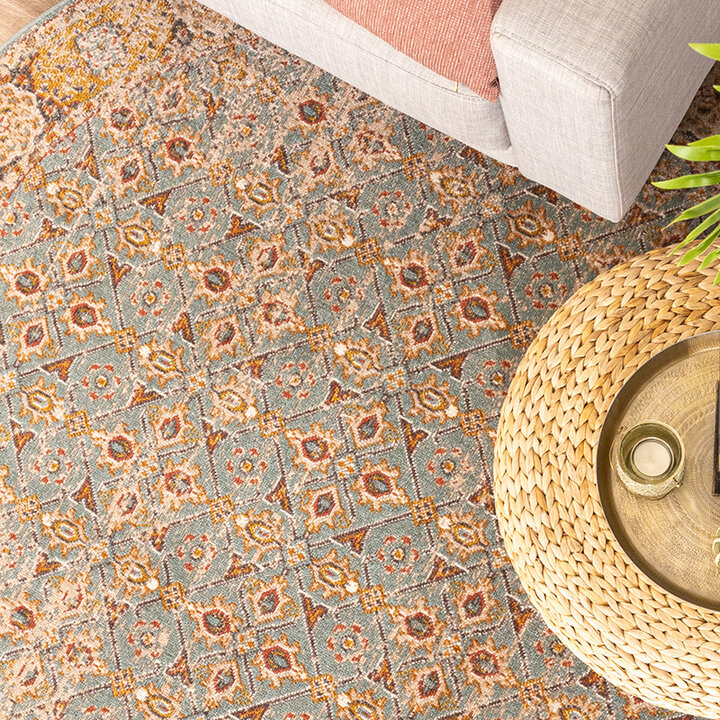 Rond vintage vloerkleed - Thirza Oriental Lichtblauw/Geel