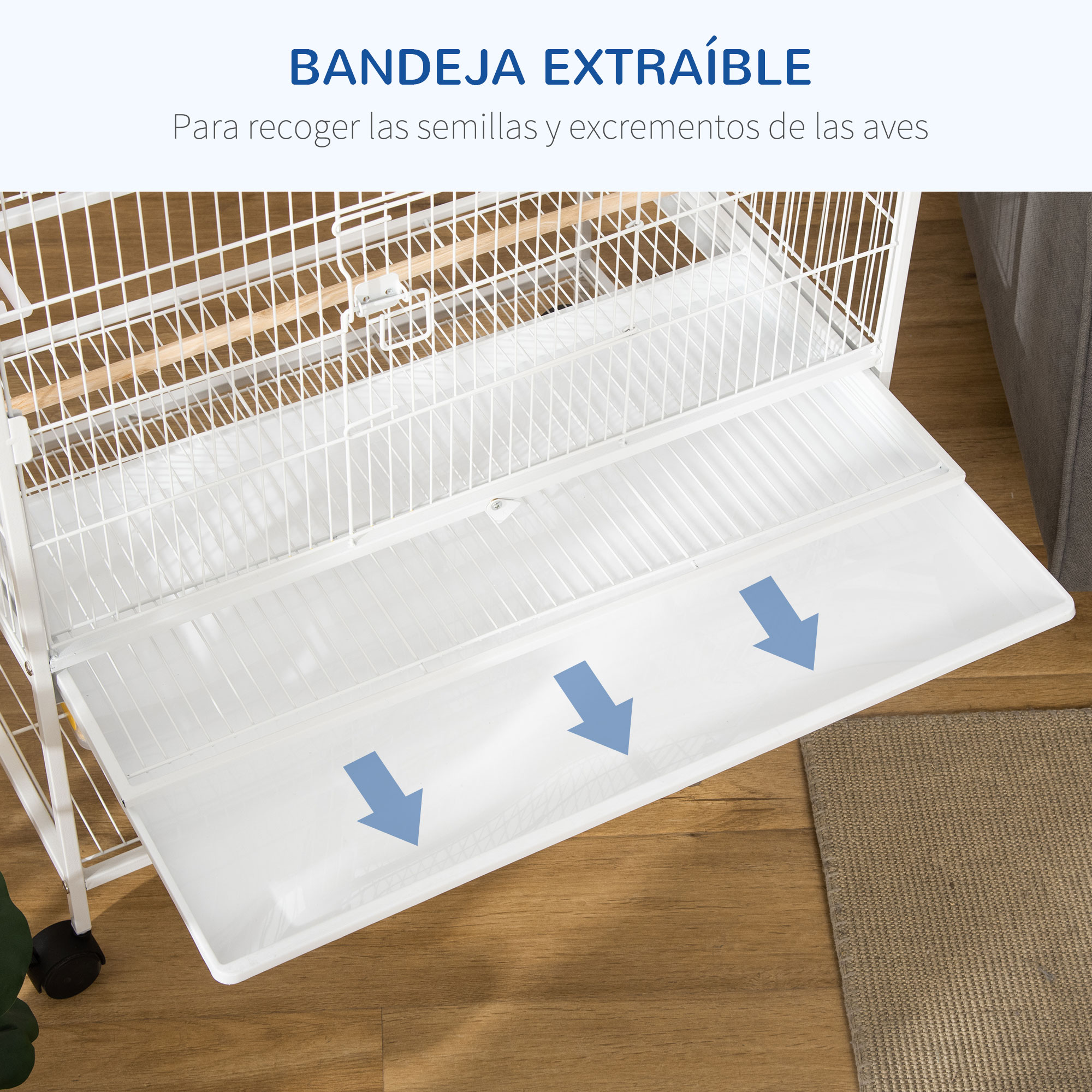 Gaiola para pássaros PawHut com rodas, 78x52x132 cm, em metal, com bandeja removível, 4 portas, 4 comedouros, 4 poleiros e prateleira de armazenamento para canários e periquitos, branca.