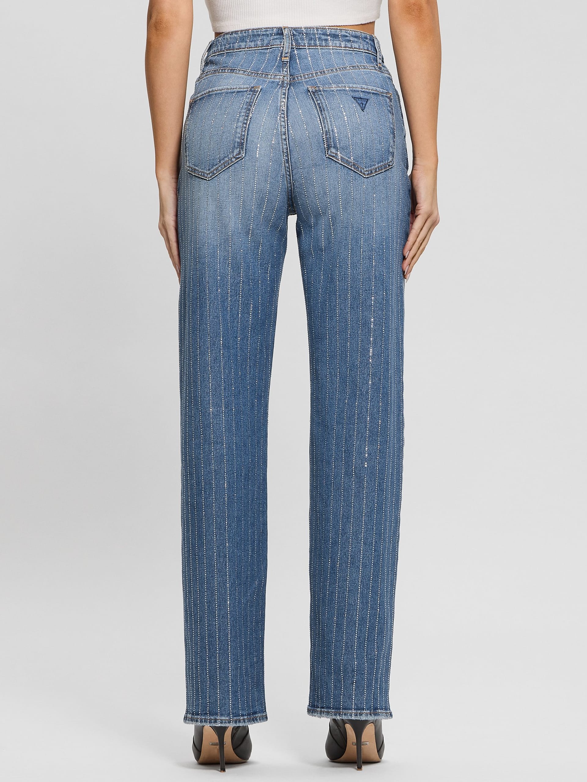 Calça jeans de cintura alta com strass dos anos 90