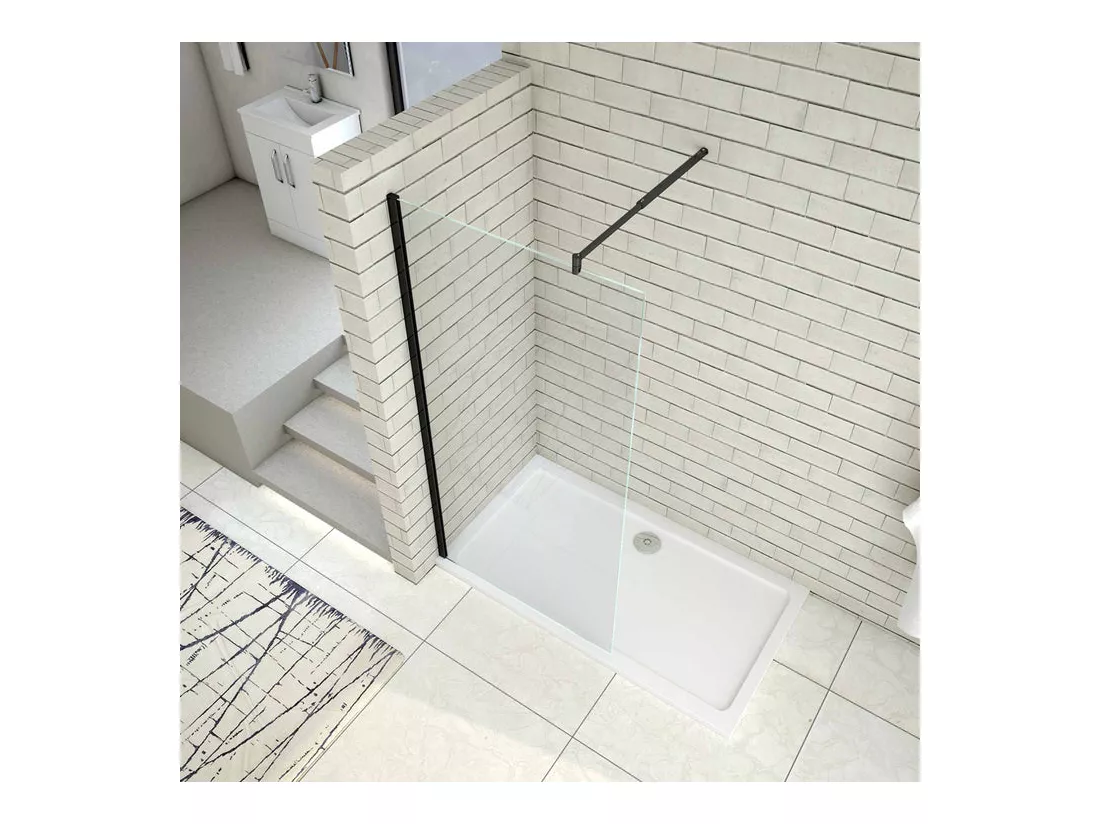 Paroi de douche à l'italienne 100x200cm en verre 8mm securit anticalcaire, avec barre de fixation 70-120cm en cylindrique - Noir Mat