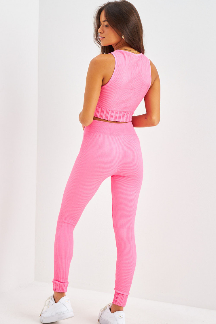 Ensemble débardeur court + legging rose en velours côtelé