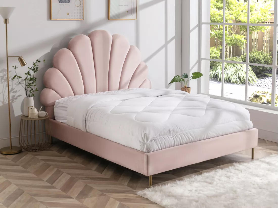 Lit coquillage 140 x 190 cm - Velours - Rose - LIVAYA