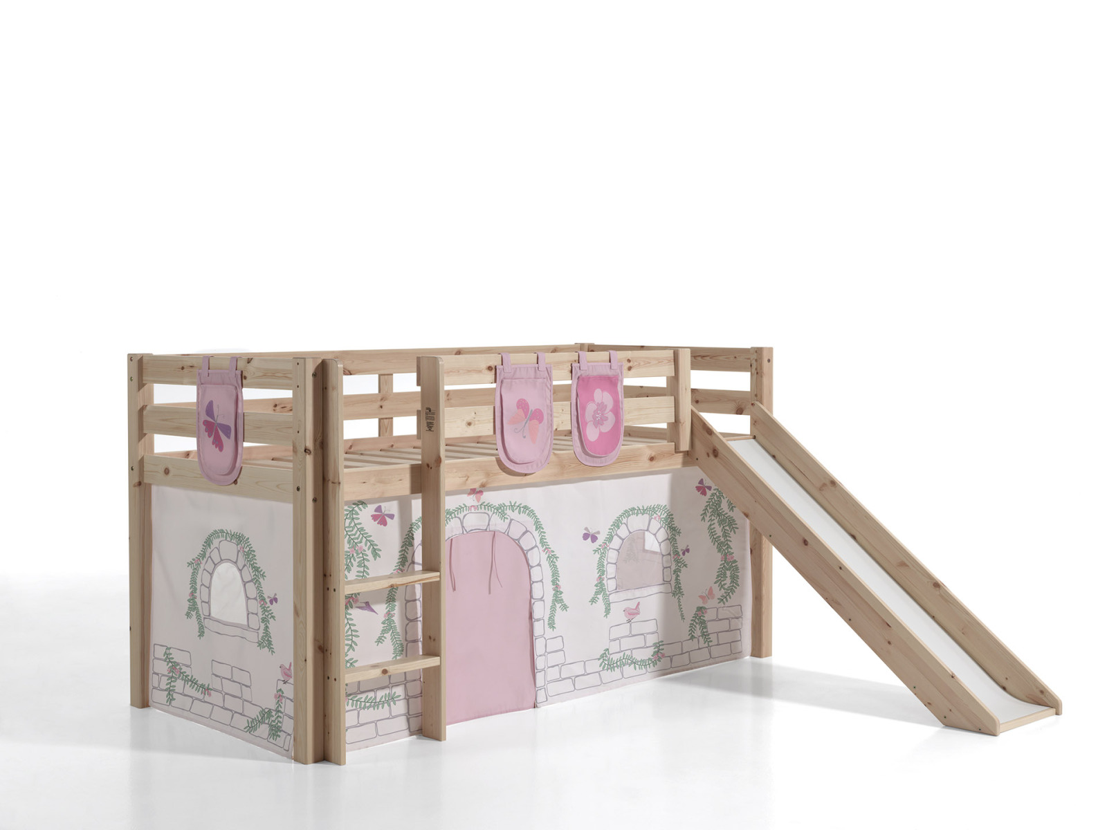 Spielbett PINO mit Rutsche und Vorhang BIRDY - natur - 3 Taschen - 90x200 cm