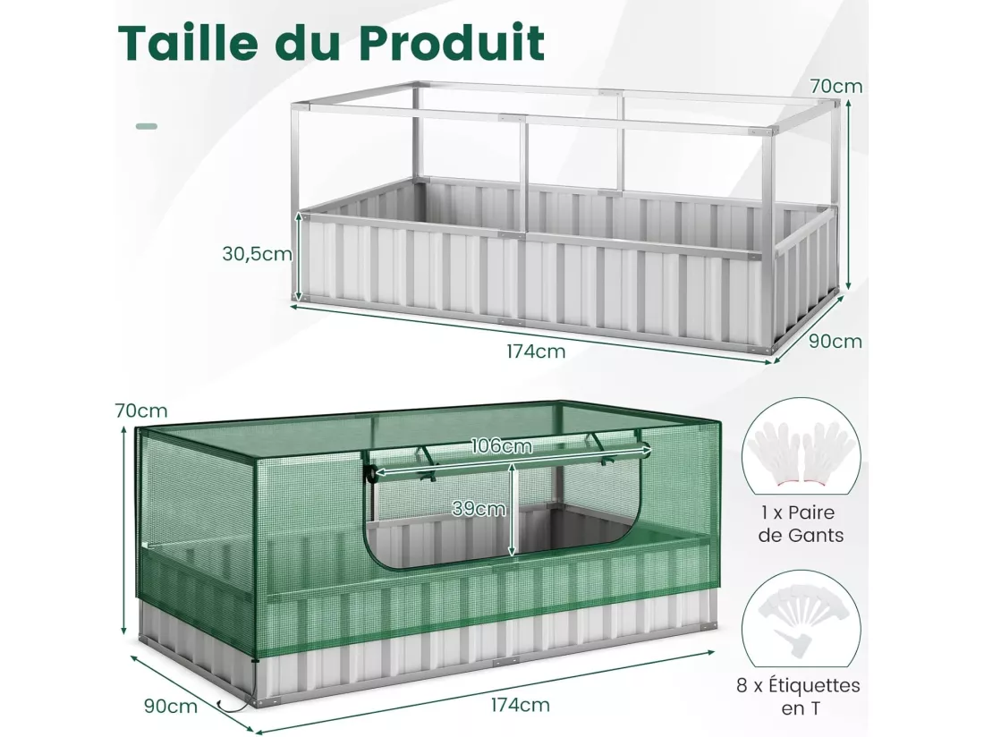 Mini Serre de Jardin et Lit de Jardin Surélevé 174x90x71cm, Jardinière avec Porte Enroulable 8 Étiquettes en T et Une Paire de Gants