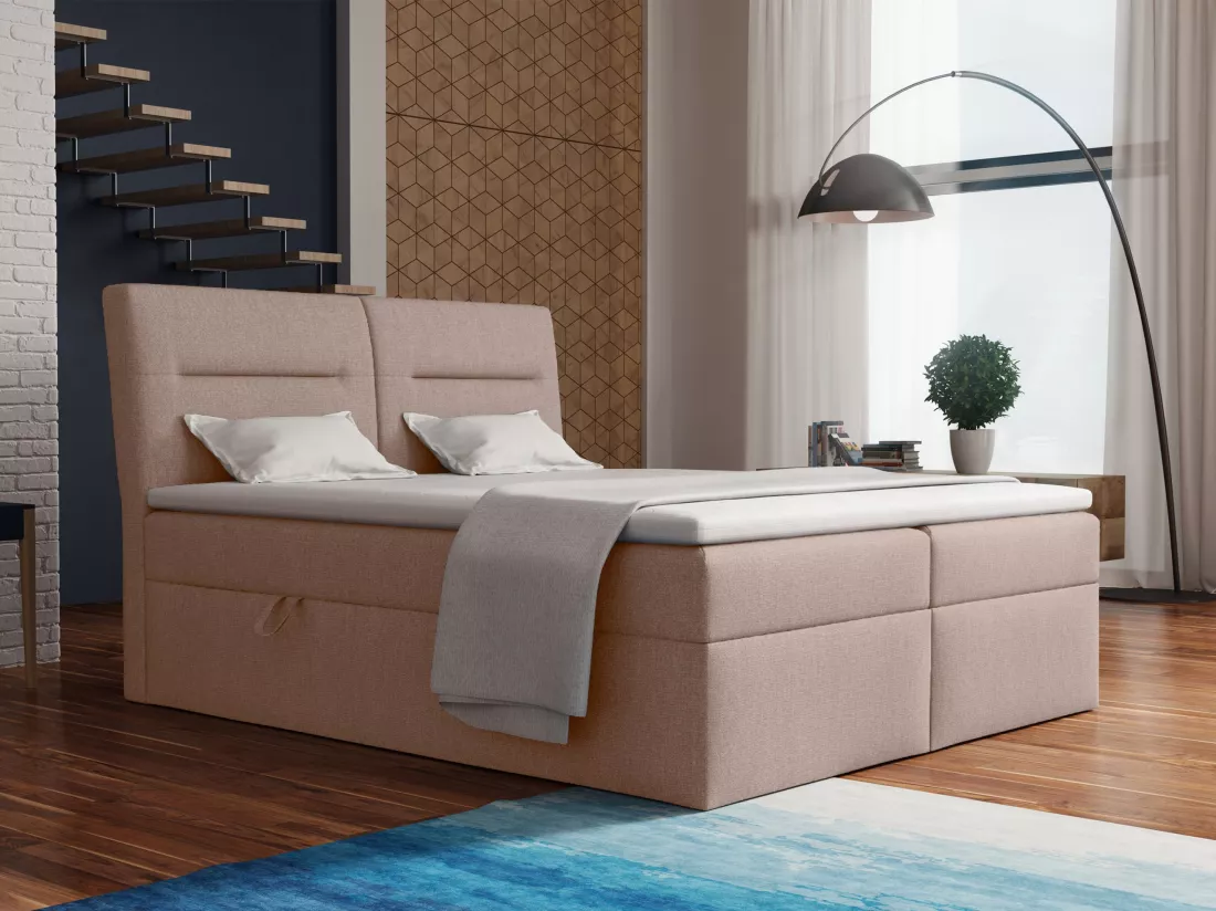 LE LIT BOXSPRING Moderno avec coffres de lit et surmatelas, en tissu Fancy 11 (beige-rose), 200x200 cm.
