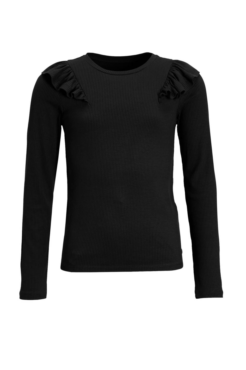 Coolcat Longsleeve Ruffels Rib Top Tegan Zwart