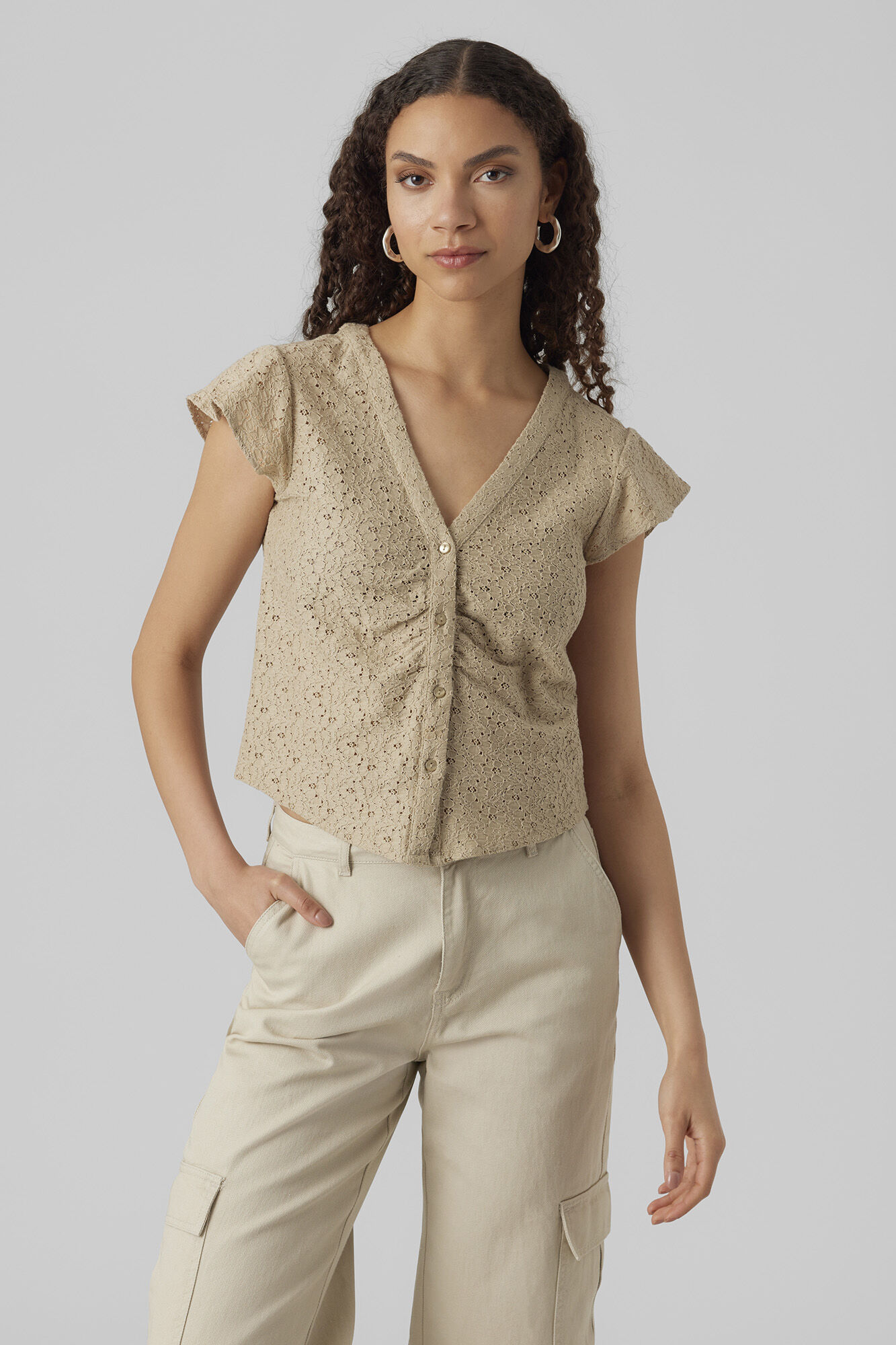 Blusa de manga curta com babados - Marrom