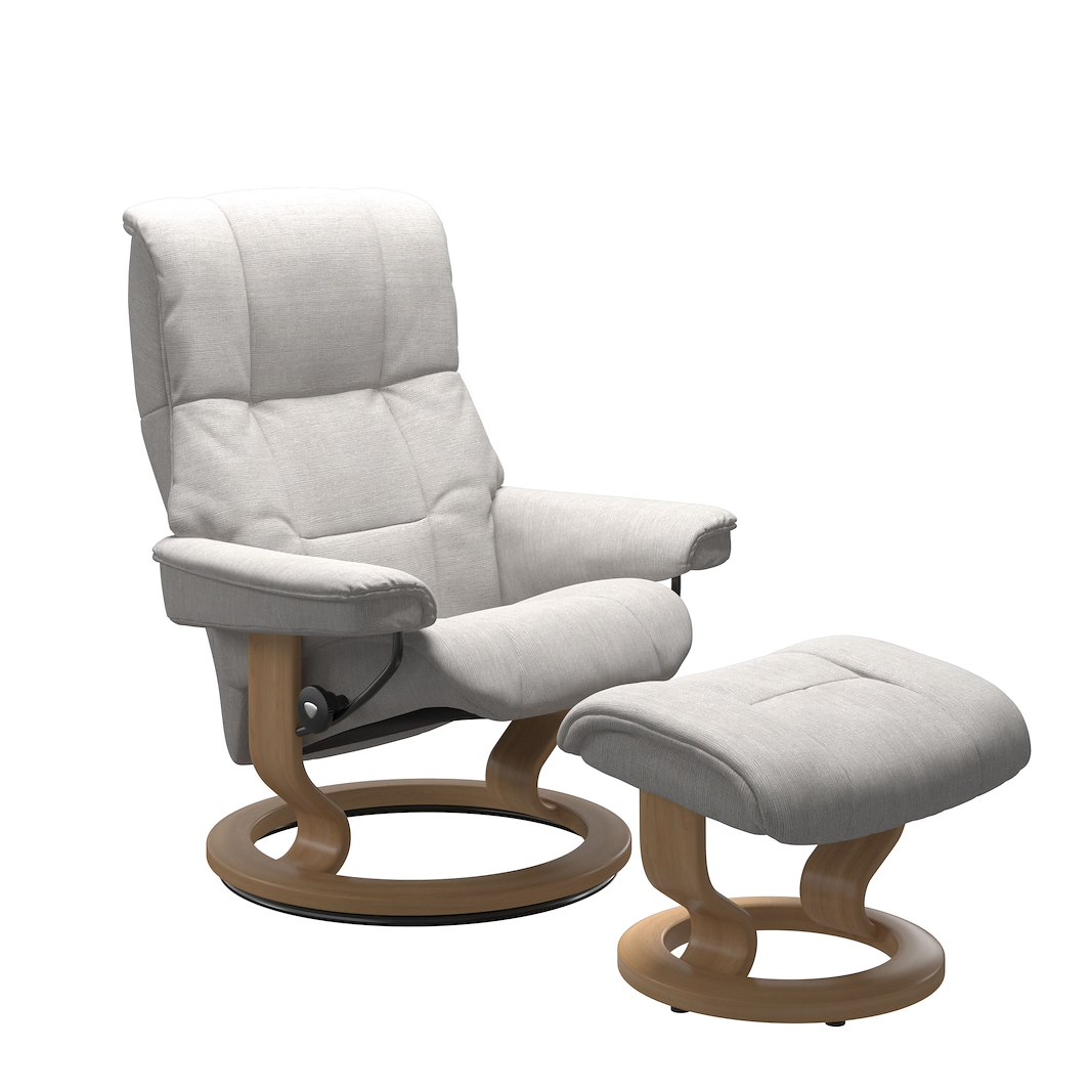 Mayfair (M) Classic lenestol med krakk Tekstil Jasmine Light Grey og Classic understell eikbeiset.