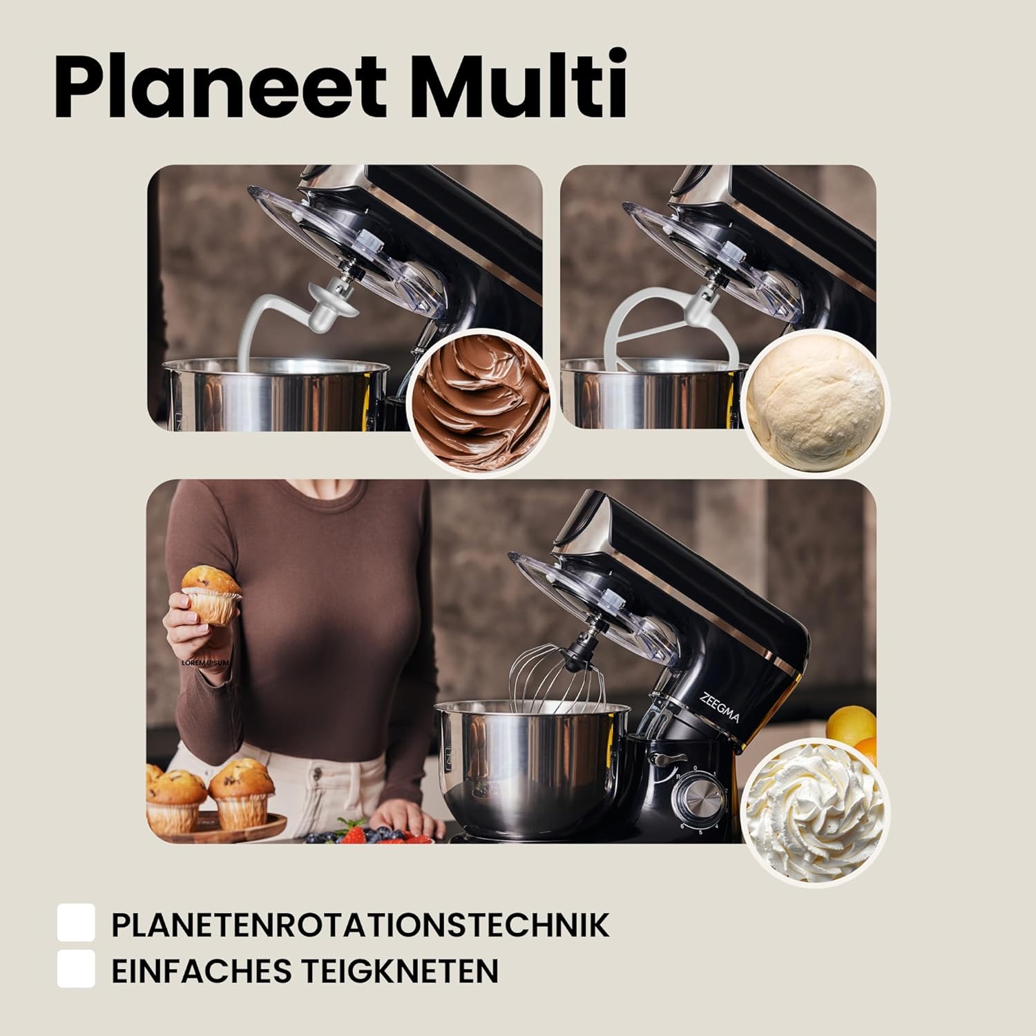 ZEEGMA PLANEET MULTI 1900 W 3-in-1-Planeten-Küchenmaschine, multifunktionale Küchenmaschine mit 6,2-l-Schüssel mit Griff und Deckel, Standmixer, Fleischwolf, 6 Geschwindigkeiten