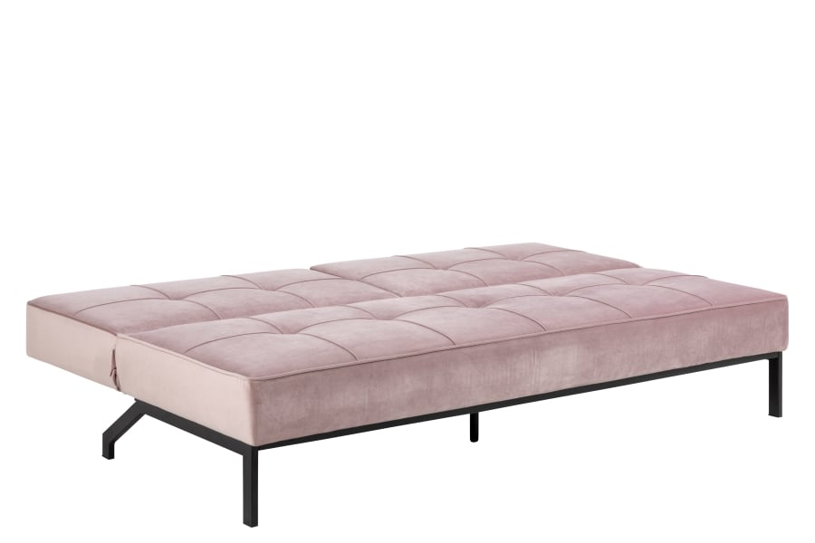 Perugia sovesofa I velurtekstil Vic rosa og sorte metallben.