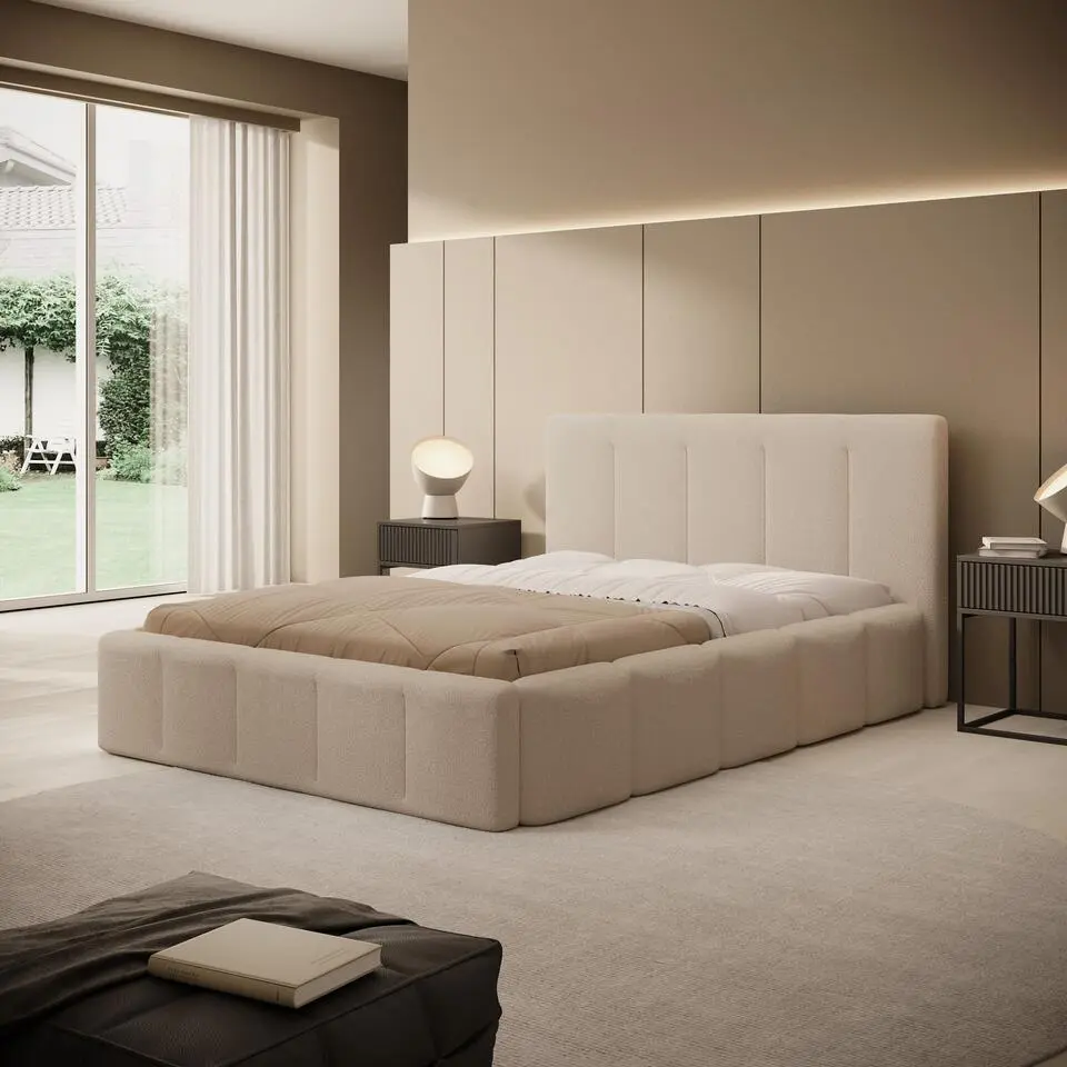 Meubella - Tweepersoonsbed Excalibur - Beige teddystof - 140x200 cm