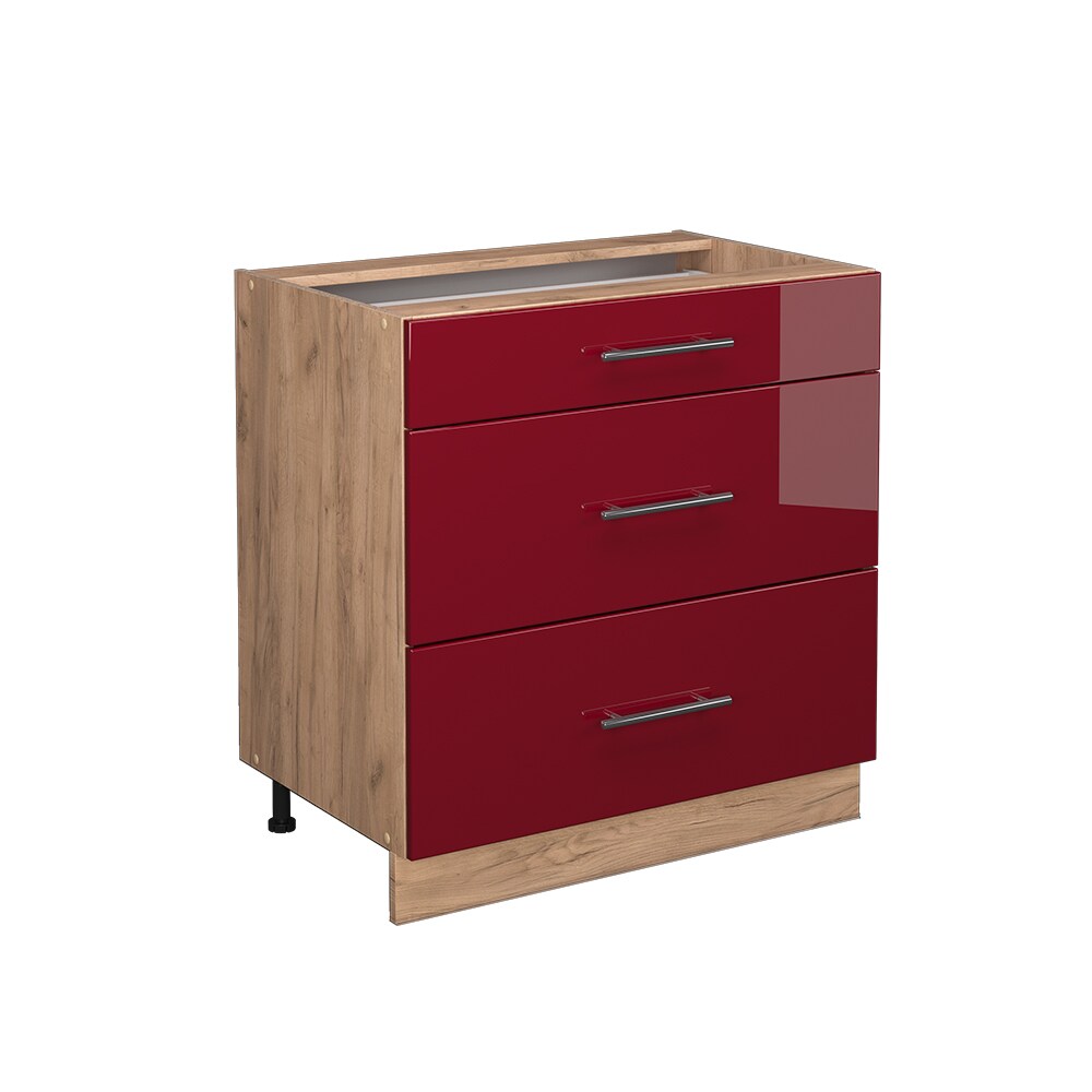 Vicco Schubladenunterschrank Küchenschrank Küchenmöbel Fame-Line Eiche Bordeaux Rot 80 cm modern Hochglanz Küche Einbauküche Drehtür Blende Schublade Küchenunterschrank Küchenzeile