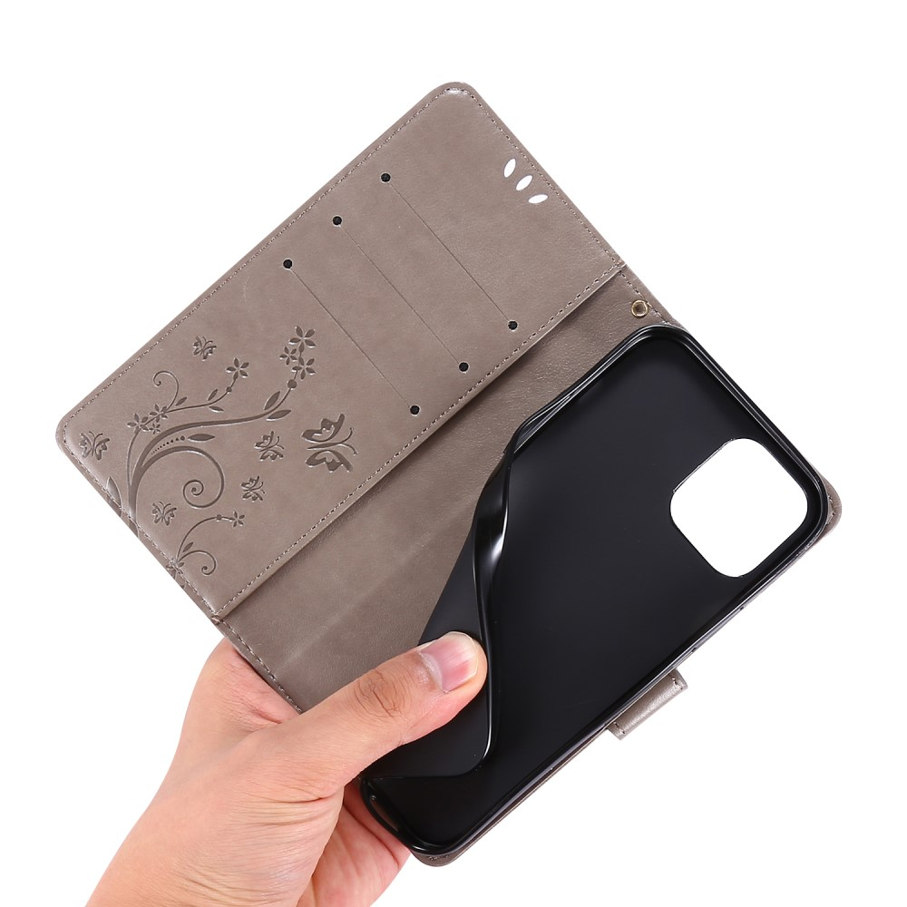 iPhone 12 / iPhone 12 Pro Leder Tasche mit Kartenfach   Handschlaufe Butterfly Flowers - Grau