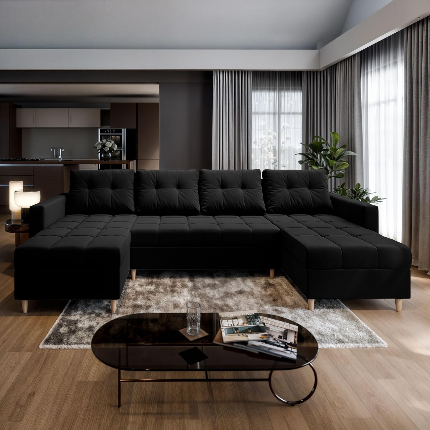 Masseno Ecksofa Milo U mit Schlaffunktion U-Form, Sofa mit Bettkasten, Wohnzimmersofa, Couch, Soffa, Bettsofa, Couchgarnitur- Schwarz, Kronos 07