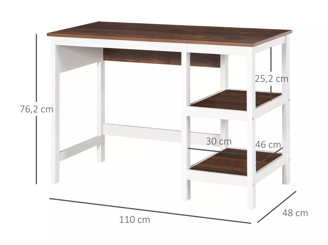 Bureau informatique multimédia dim. 110L x 48l x 76H cm 2 étagères latérales MDF E1 noyer blanc