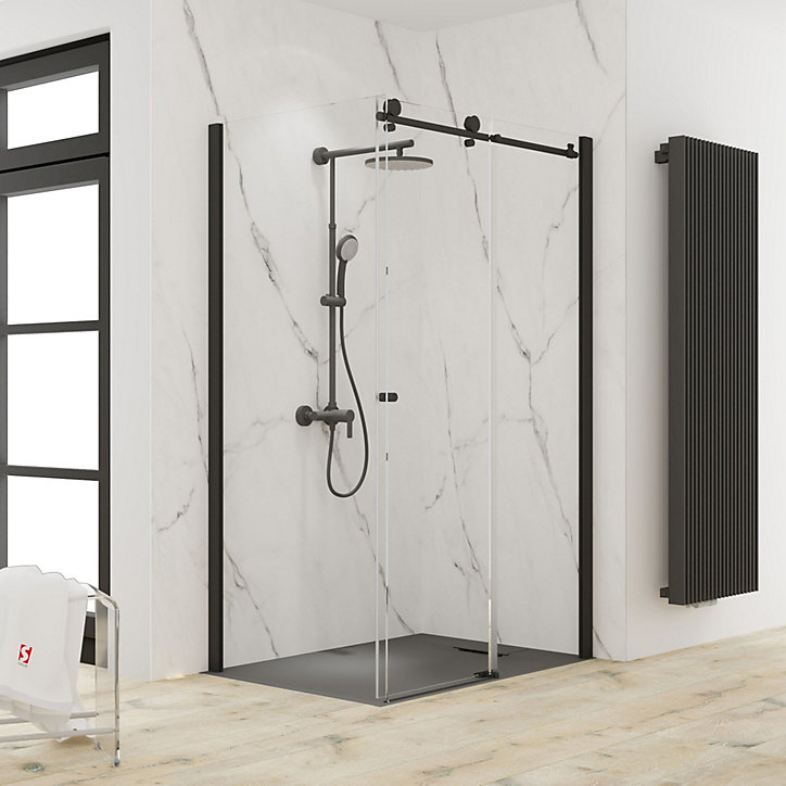 Porte de douche coulissante et paroi fixe 160+80x200 cm, noir, Schulte MasterClass