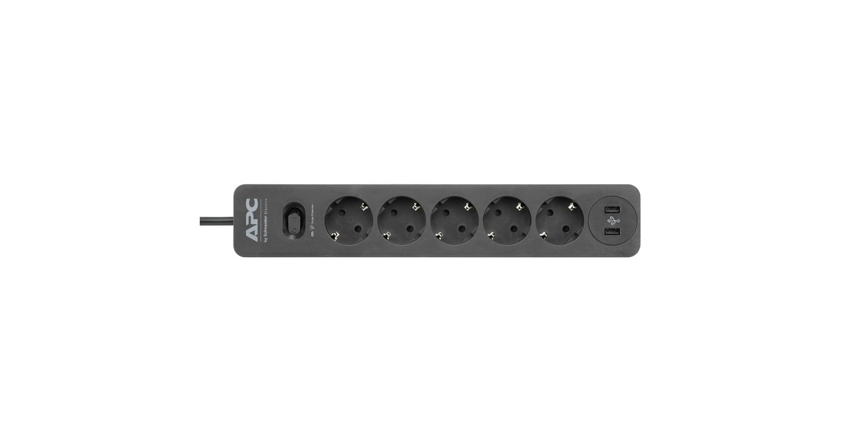 APCPME5U2B-GR stekkerdoos met overspanningsbeveiliging stekkerdoos  (Zwart, 5x stopcontact + 2x USB Surge lader)