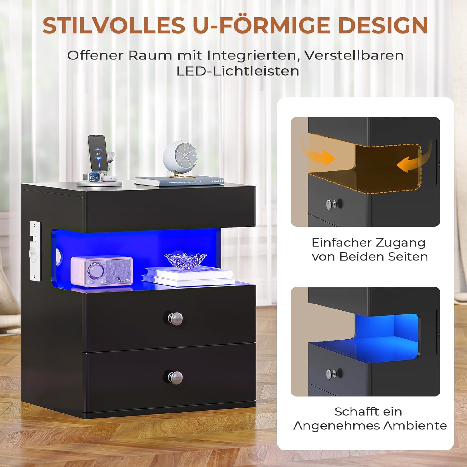 AOGLLATI Nachttisch mit Geheimfach,Nachtschrank mit Steckdose und LED-Beleuchtung Beistelltisch mit 2 Schubladen,1 Ausziehrega,1 Fach,Hochglanzoberfläch (2, Schwarz, 40x35x59cm)