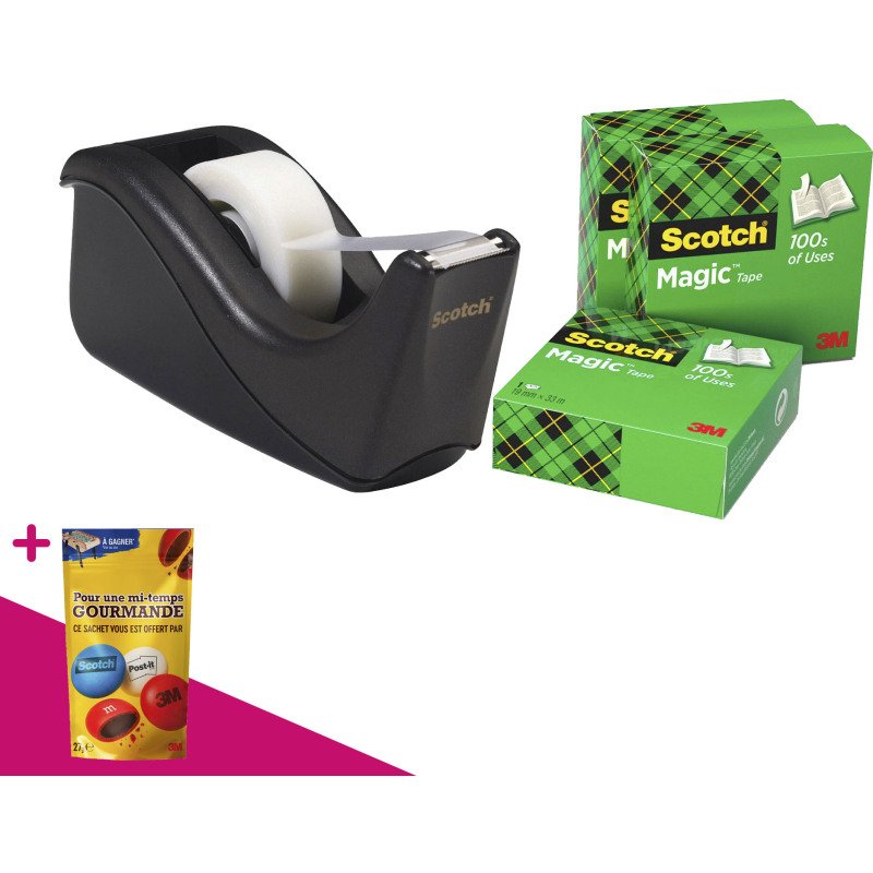 Dévidoir adhésif Scotch C60 noir + 4 rubans Magic invisible = Pour l'achat de 3 dévidoirs, 1 sachet de M&M OFFERT