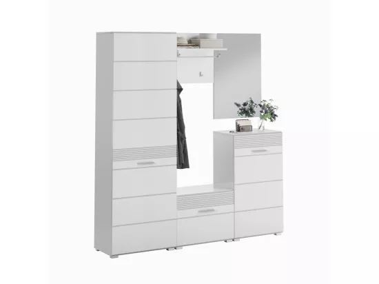 Ensemble de meuble d'entrée : Miroir + porte manteau + meuble à chaussures + 2 meubles de rangement – Blanc laqué – KLEANKIN