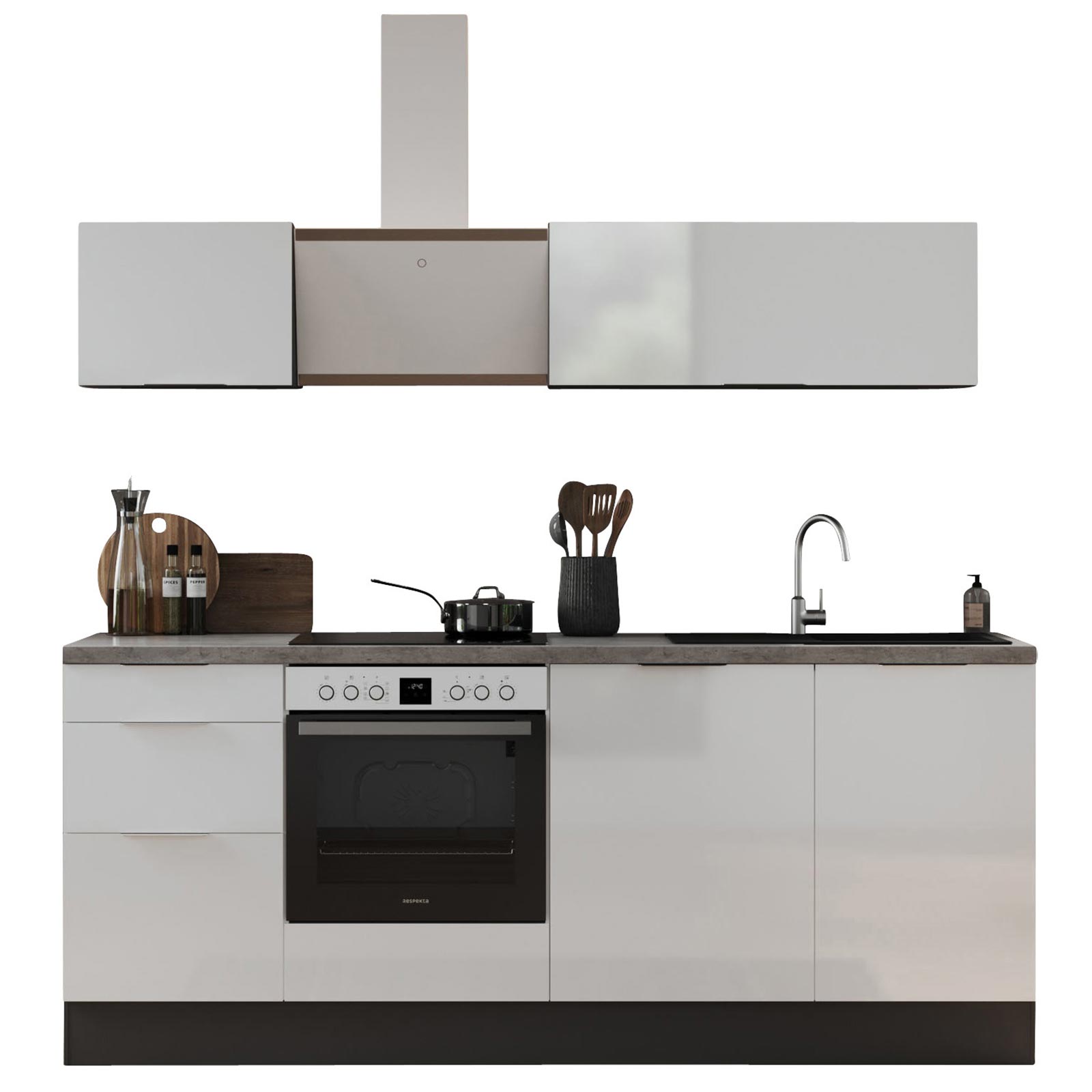 RESPEKTA Küchenblock - weiß Hochglanz - grau matt - mit E-Geräten - 220 cm