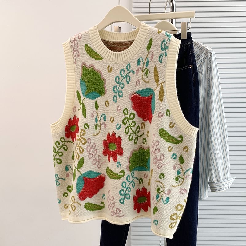 Taragon - Ronde hals jacquard trui vest