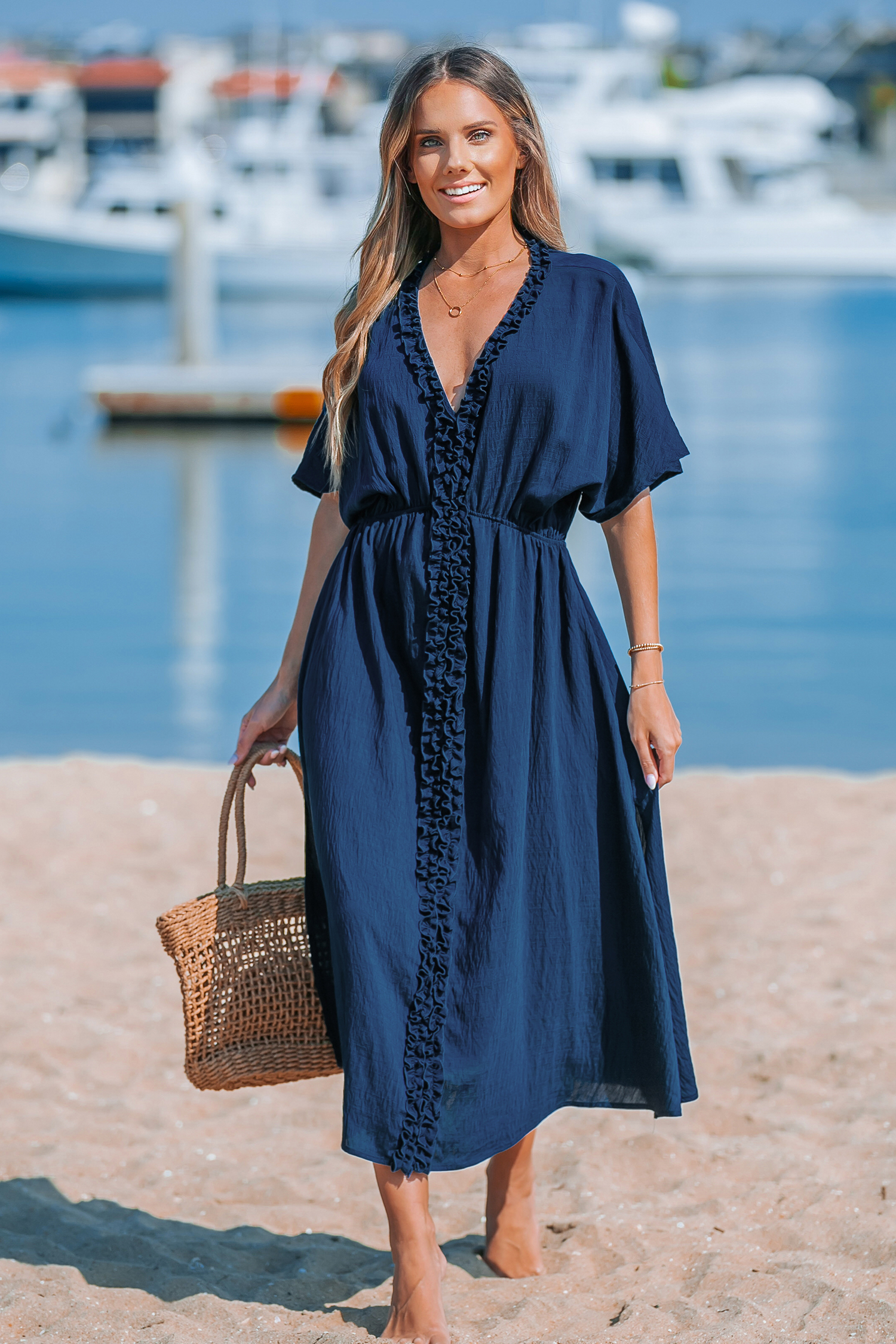 Robe midi à mini-volants et manches dolman bleu marine