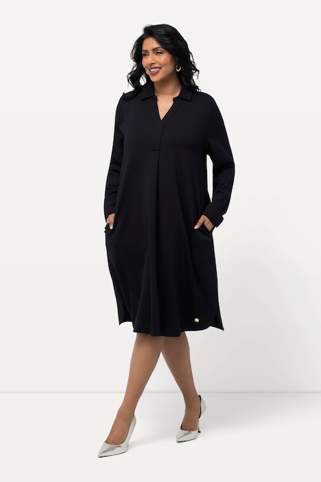 Punto-Kleid, Hemdkragen, V-Ausschnitt, Langarm, Taschen