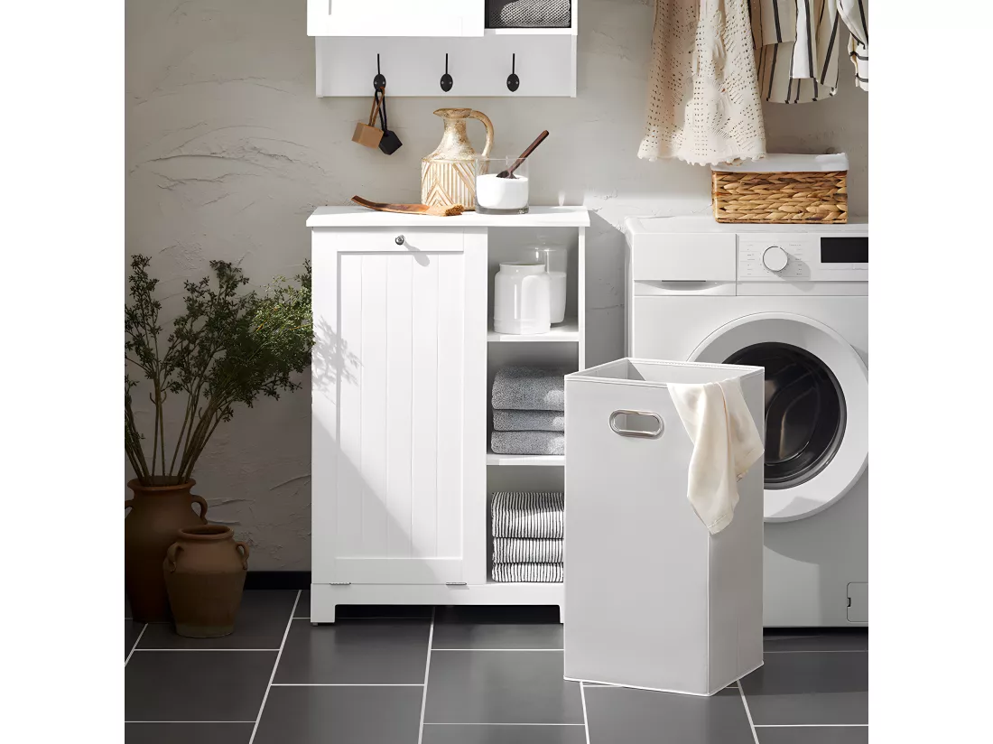 SoBuy BZR105-W Armoire à Linge avec Sac à Linge avec 3 étagères et 1 Panier à Linge Amovible