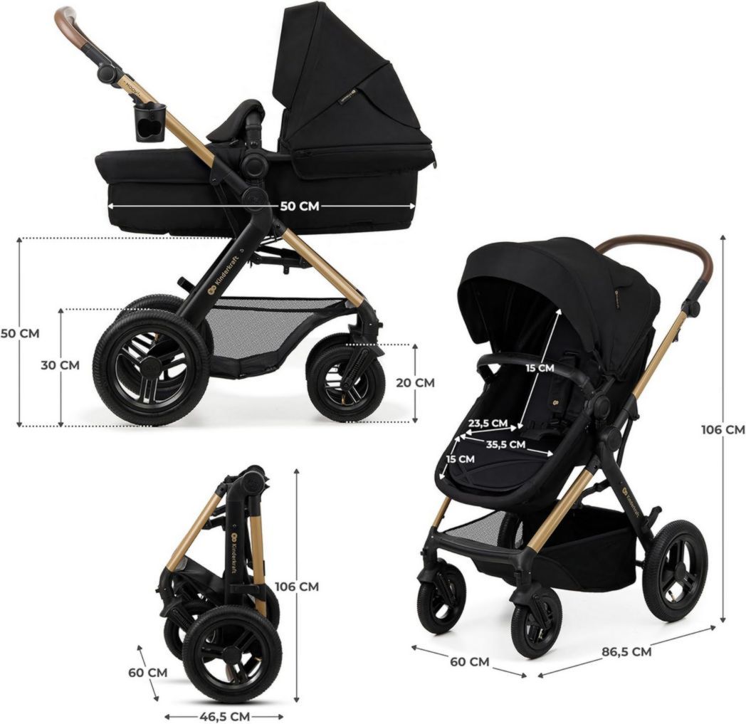 Poussette 3-en-1 Kinderkraft MOOV2, système de voyage de la naissance à 27 kg, siège auto Mink PRO I-Size inclus, pare-soleil extensible avec filtre UPF50+, accessoires pratiques, gris