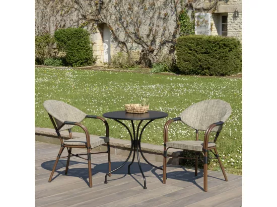 VIANNEY - Salon de jardin 2 personnes en acier - 1 table ronde 70x70cm et 2 chaises en textilène taupe