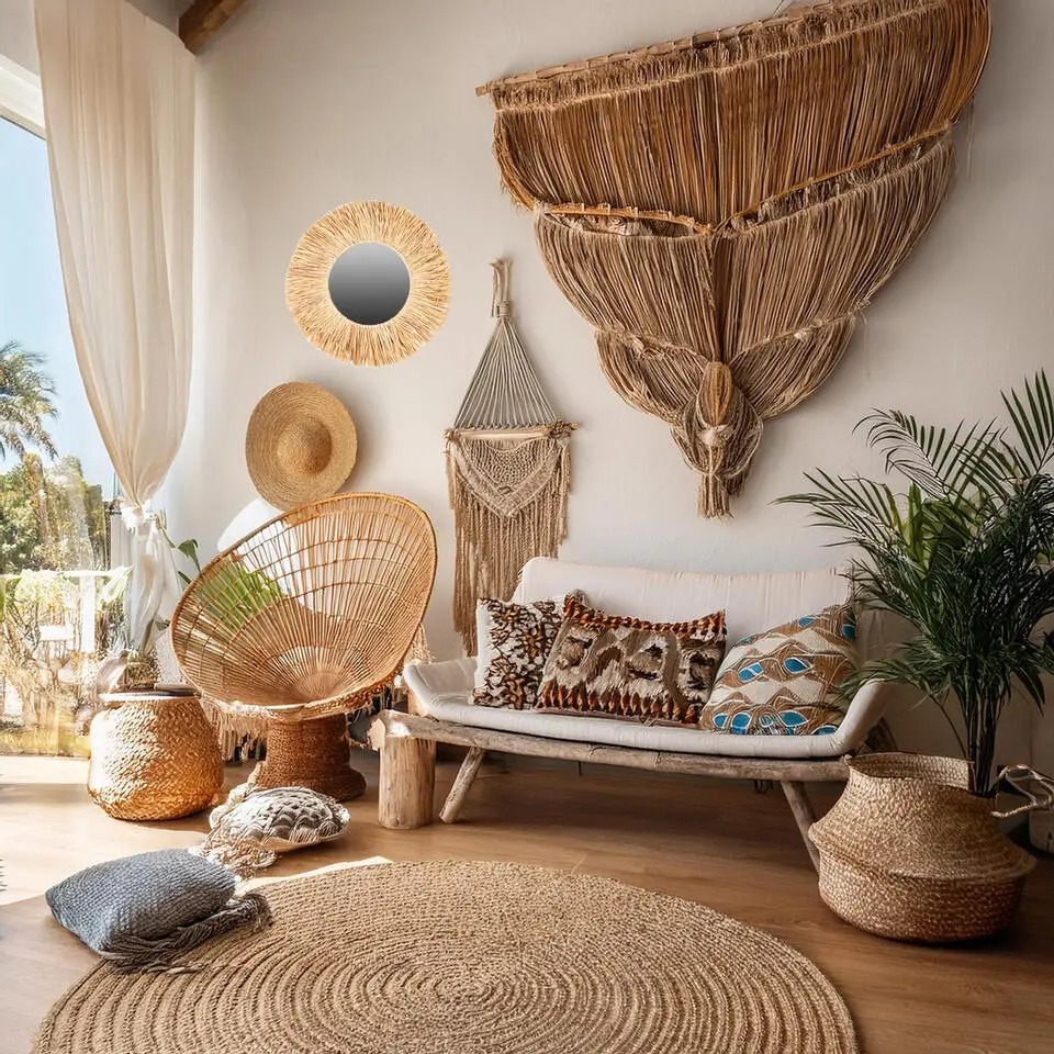 Natural Living Wandspiegel - Boho/ibiza stijl - raffia - 46cm