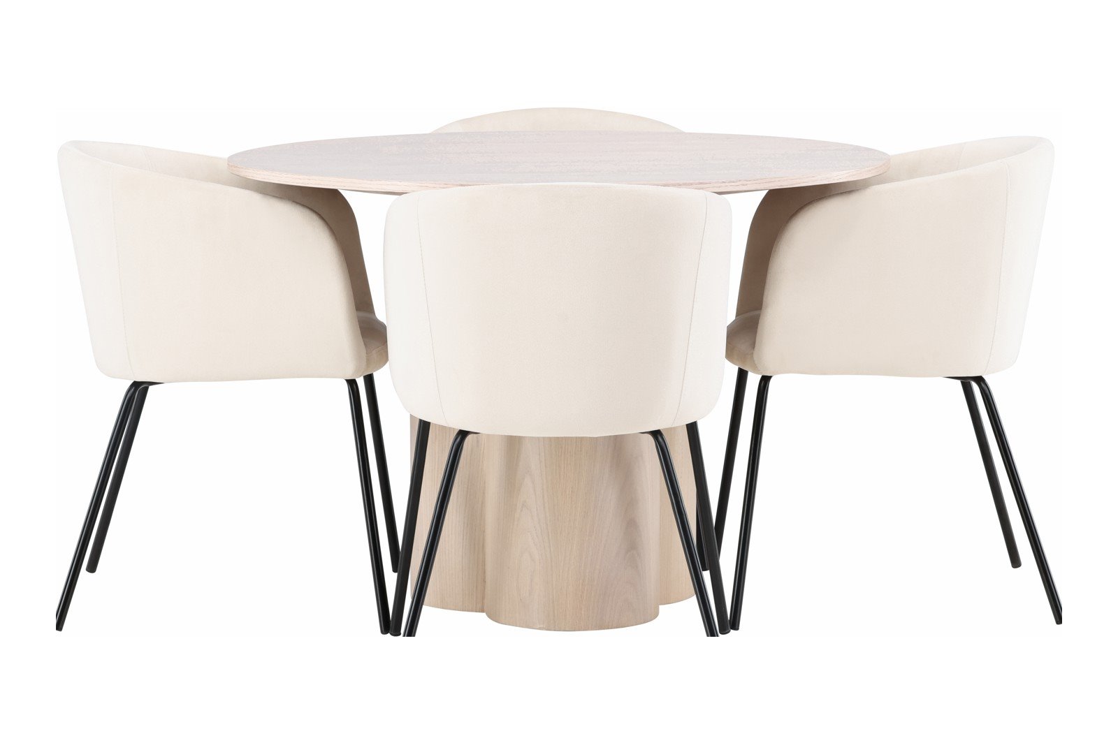Olivia og Berit Spisegruppe Olivia rundt spisebord Ø110 cm i hvitlasert finer med 4 stk. Berit med arm spisestoler i Beige med arm spisestoler i sorte ben.