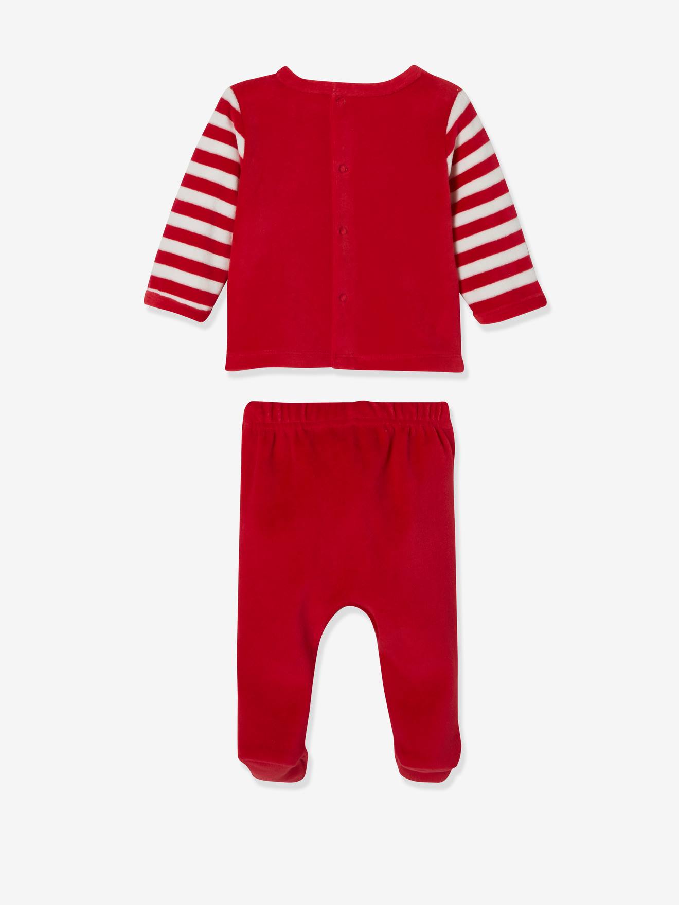 Pijama de veludo de duas peças para bebê, vermelho escuro, liso com estampas, tema natalino.