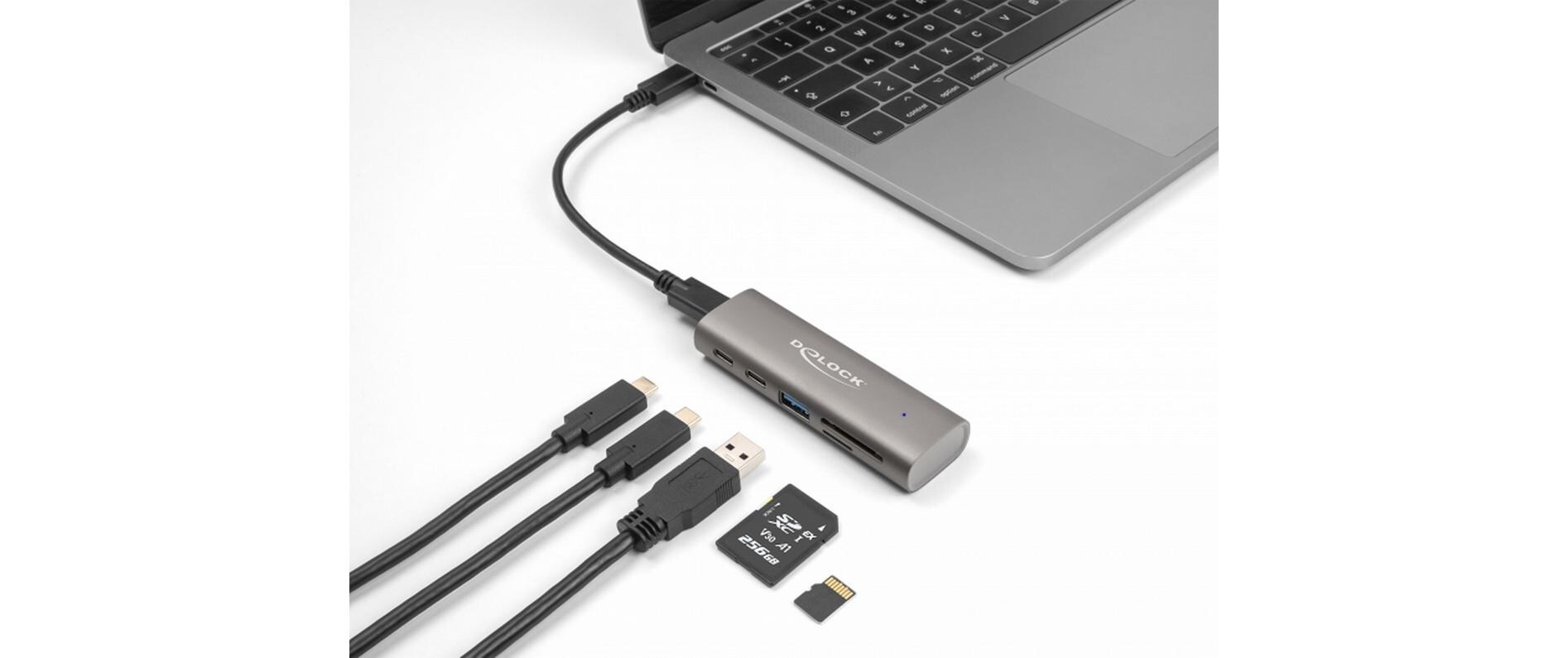 USB-Hub 2x 10 Gbps USB Typ-C und 1 x USB Type-ADelock 3 Port USB 10 Gbps Hub inklusive SD und Micro SD Card Reader mit USB Type-C Anschluss