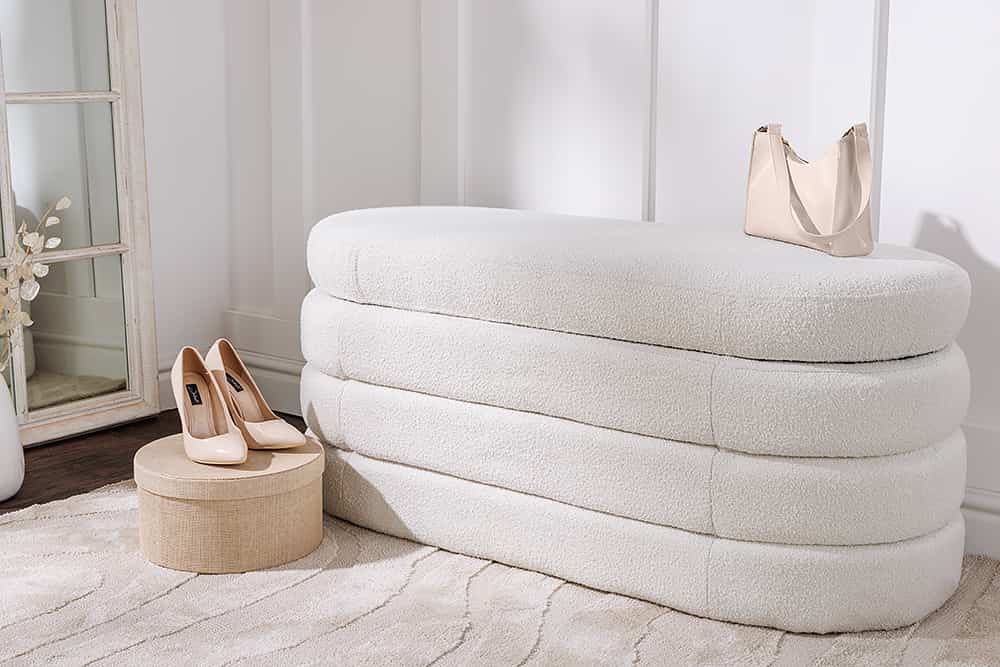 Extravagante Polsterbank VOGUE 115cm creme weiß Bouclé Sitzbank mit Stauraum