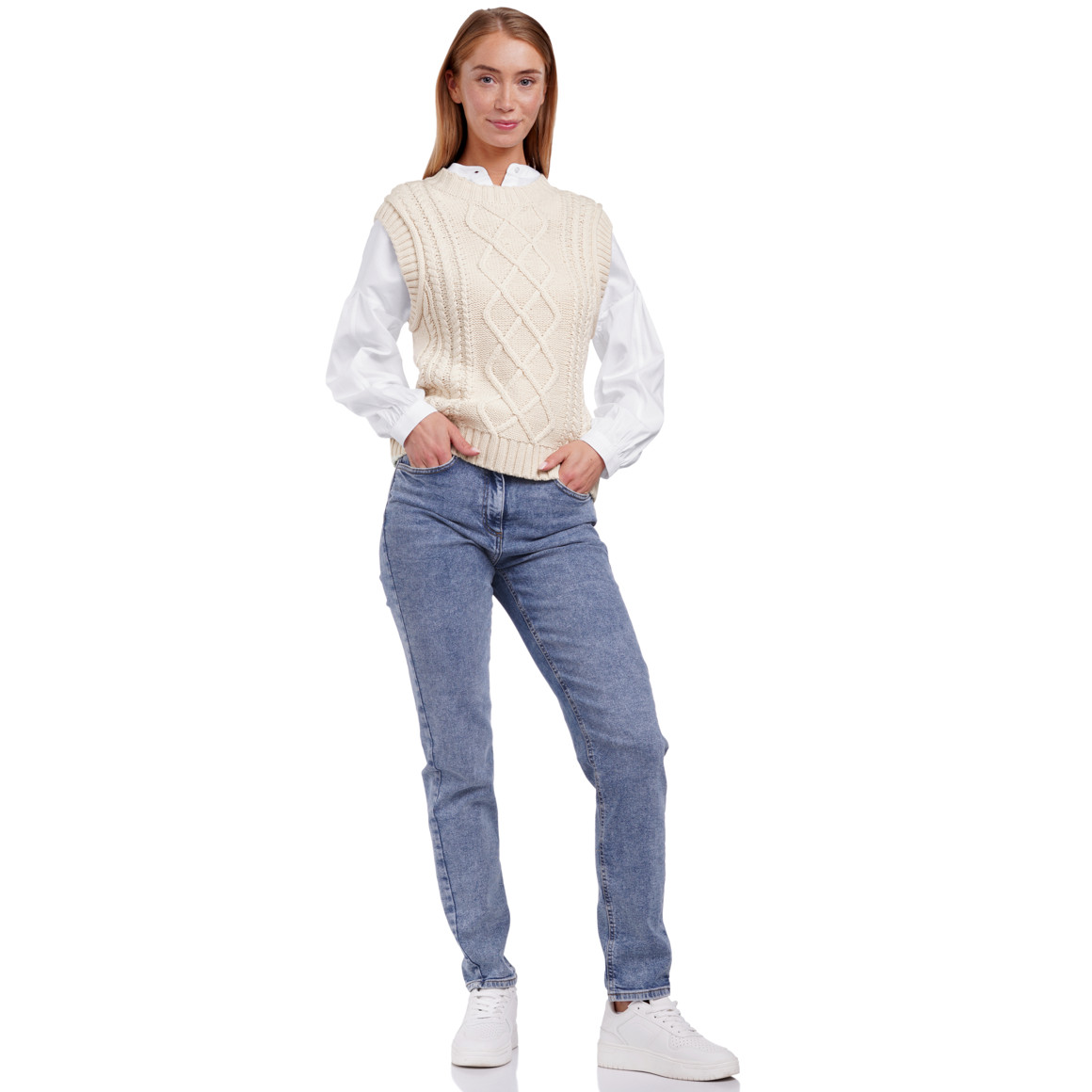Jonas Nielsen Damen Strickpullunder mit Zopfmuster beige